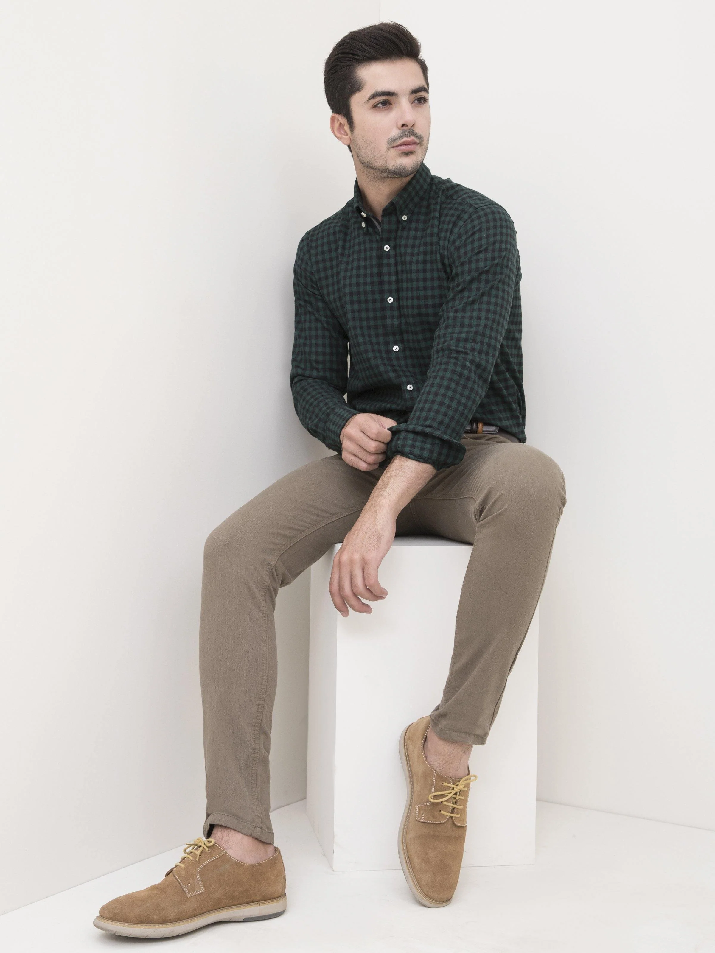 SEMI FORMAL SHIRT FULL SLEEVE BOTTON DOWN GREEN BLACK - Image 4