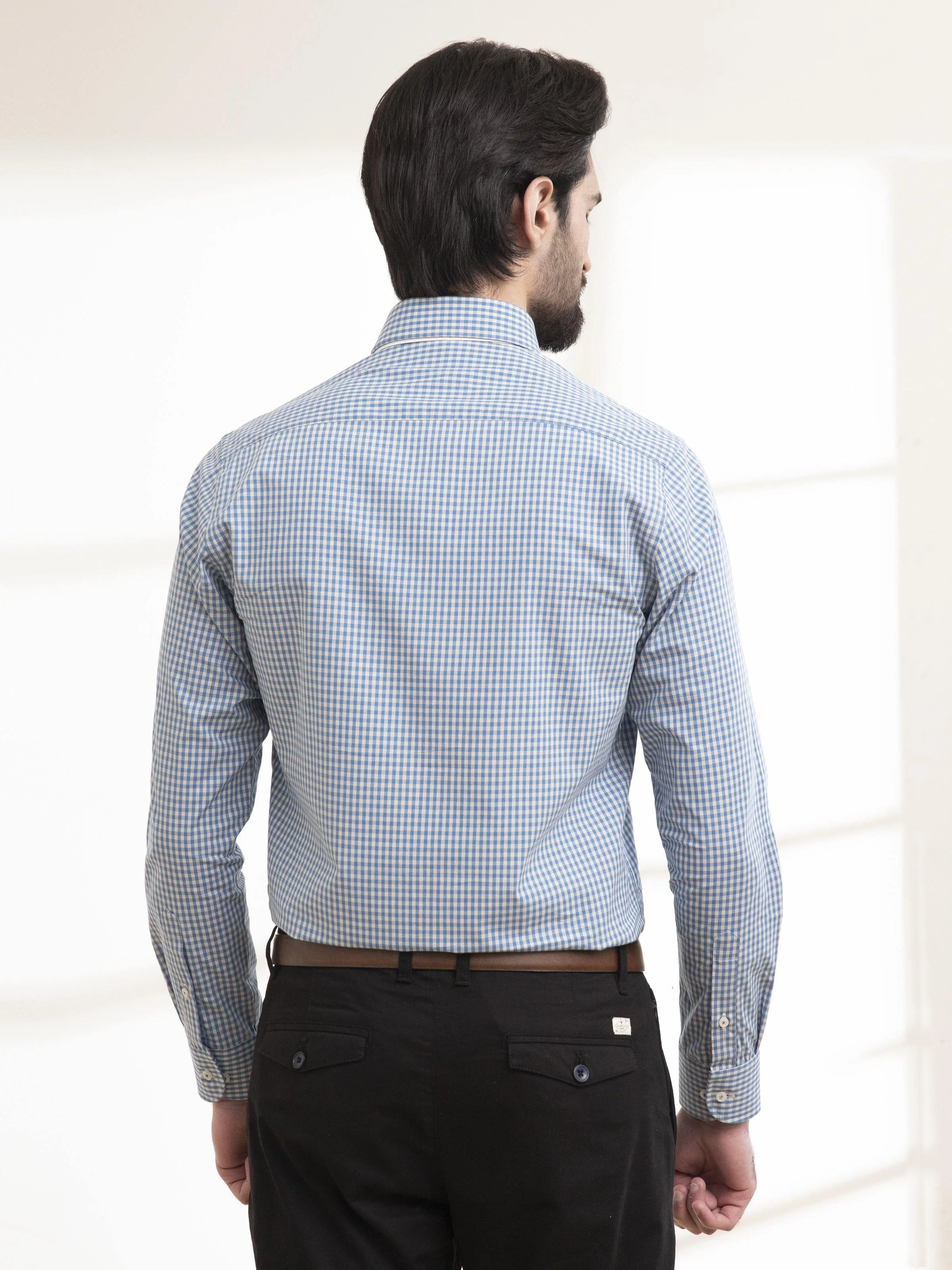 SEMI FORMAL SHIRT FULL SLEEVE BUTTON DOWN BLUE CHECK - Image 4