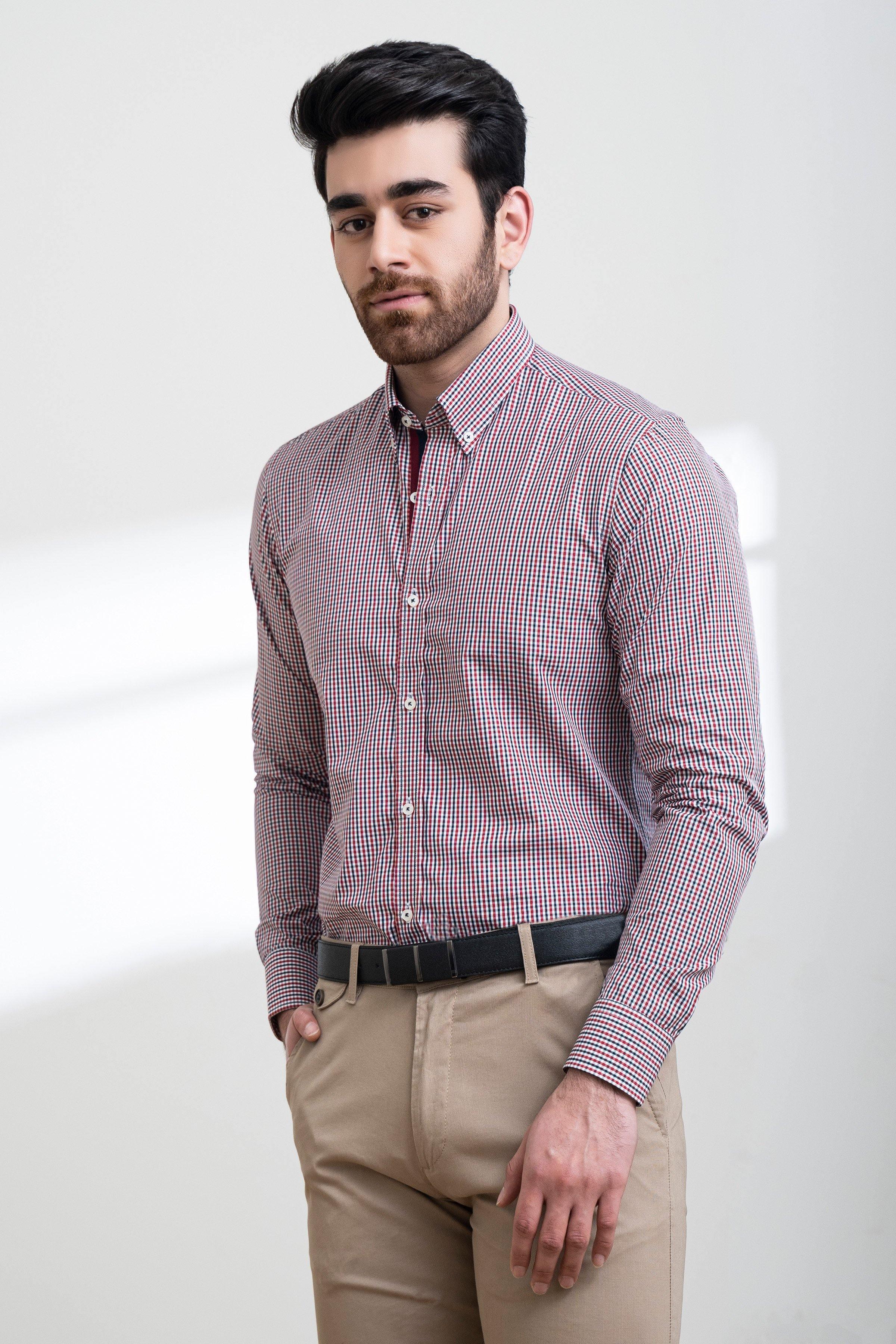 SEMI FORMAL SHIRT FULL SLEEVE BUTTON DOWN MAHROON BLACK
