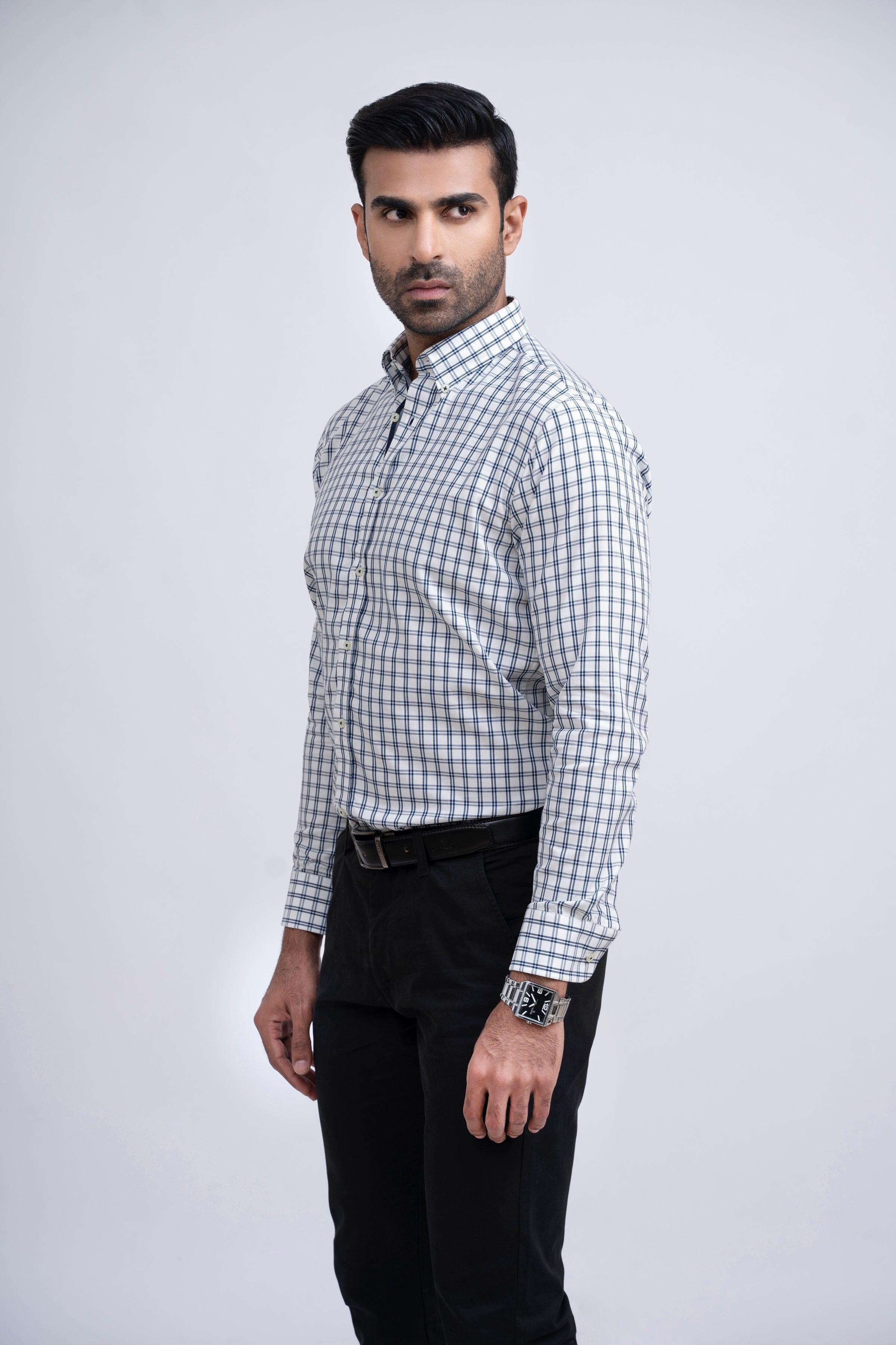 SEMI FORMAL SHIRT OFF WHITE WITH NAVY CHECK - Image 3