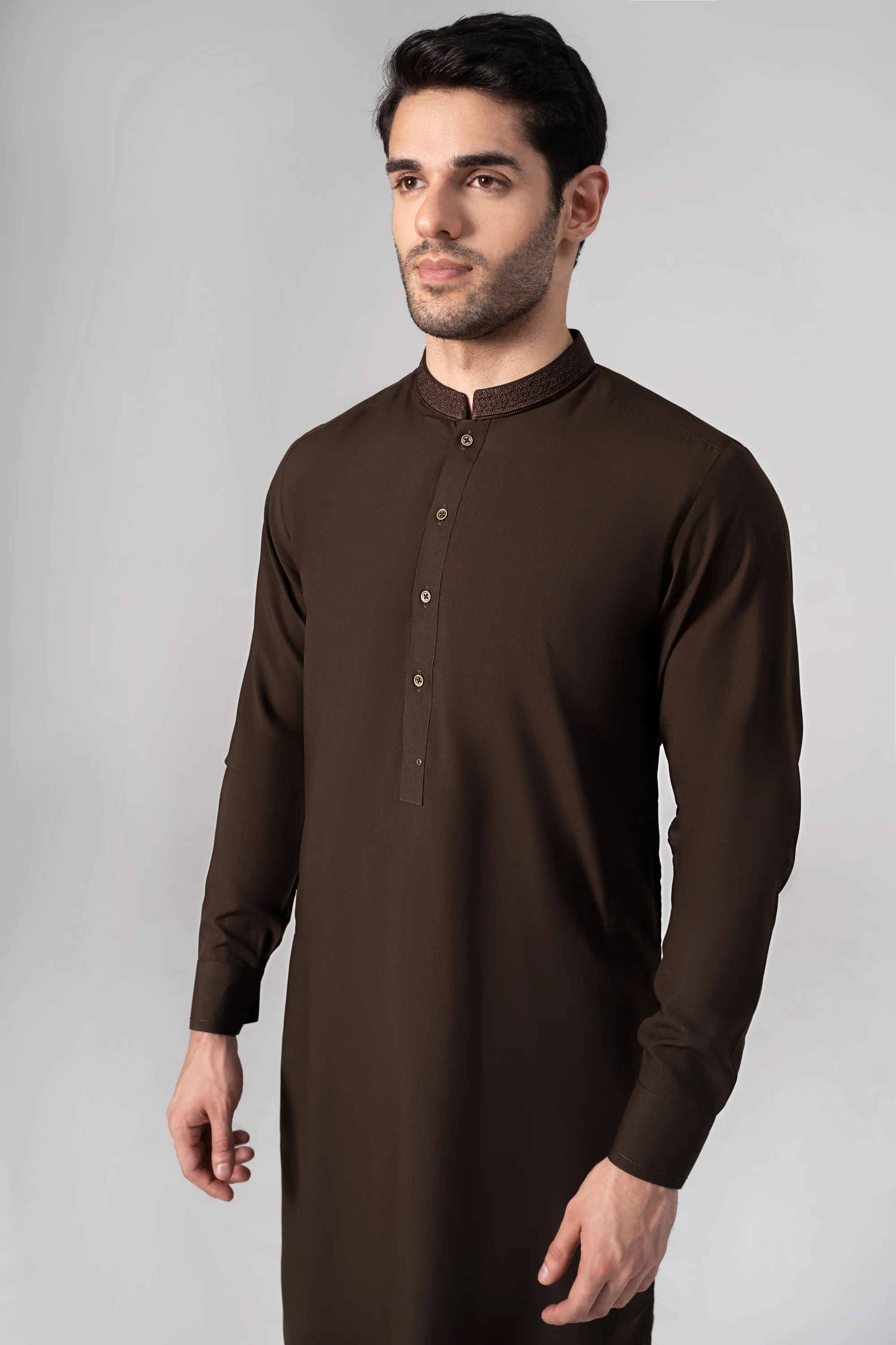 EMBROIDERED - Wash & Wear KAMEEZ SHALWAR DARK BROWN - Image 2