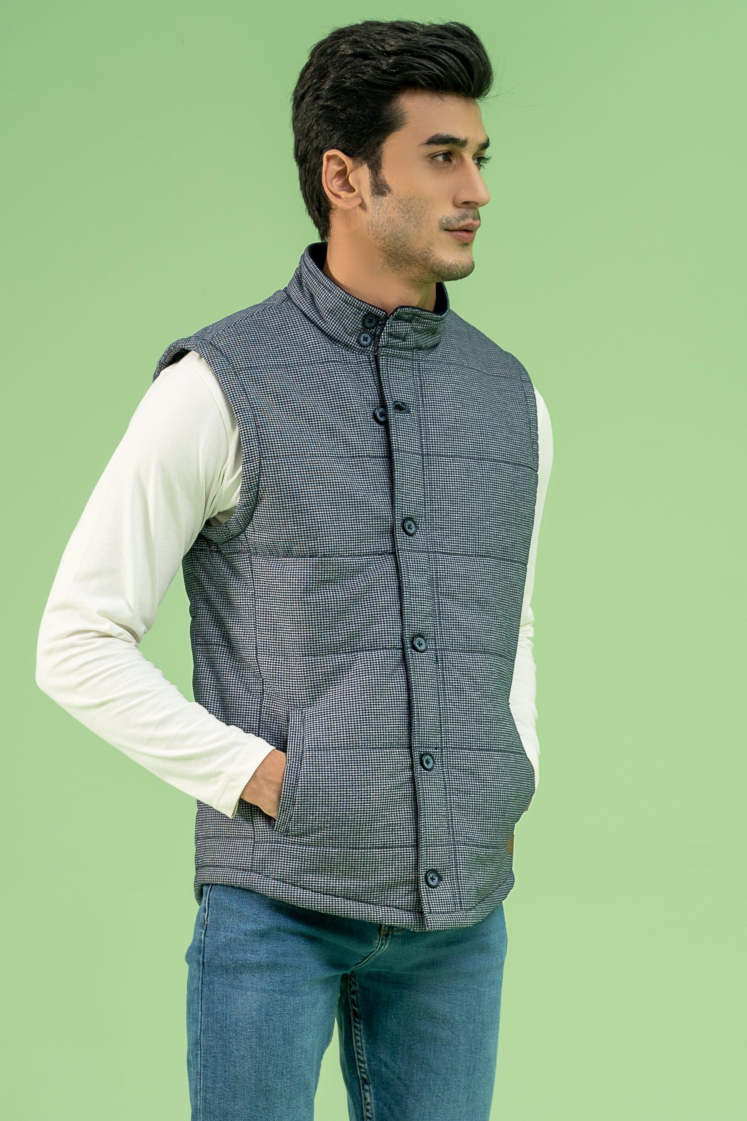 SLEEVELESS CHECK QUILTED JACKET NAVY GREY - Image 2