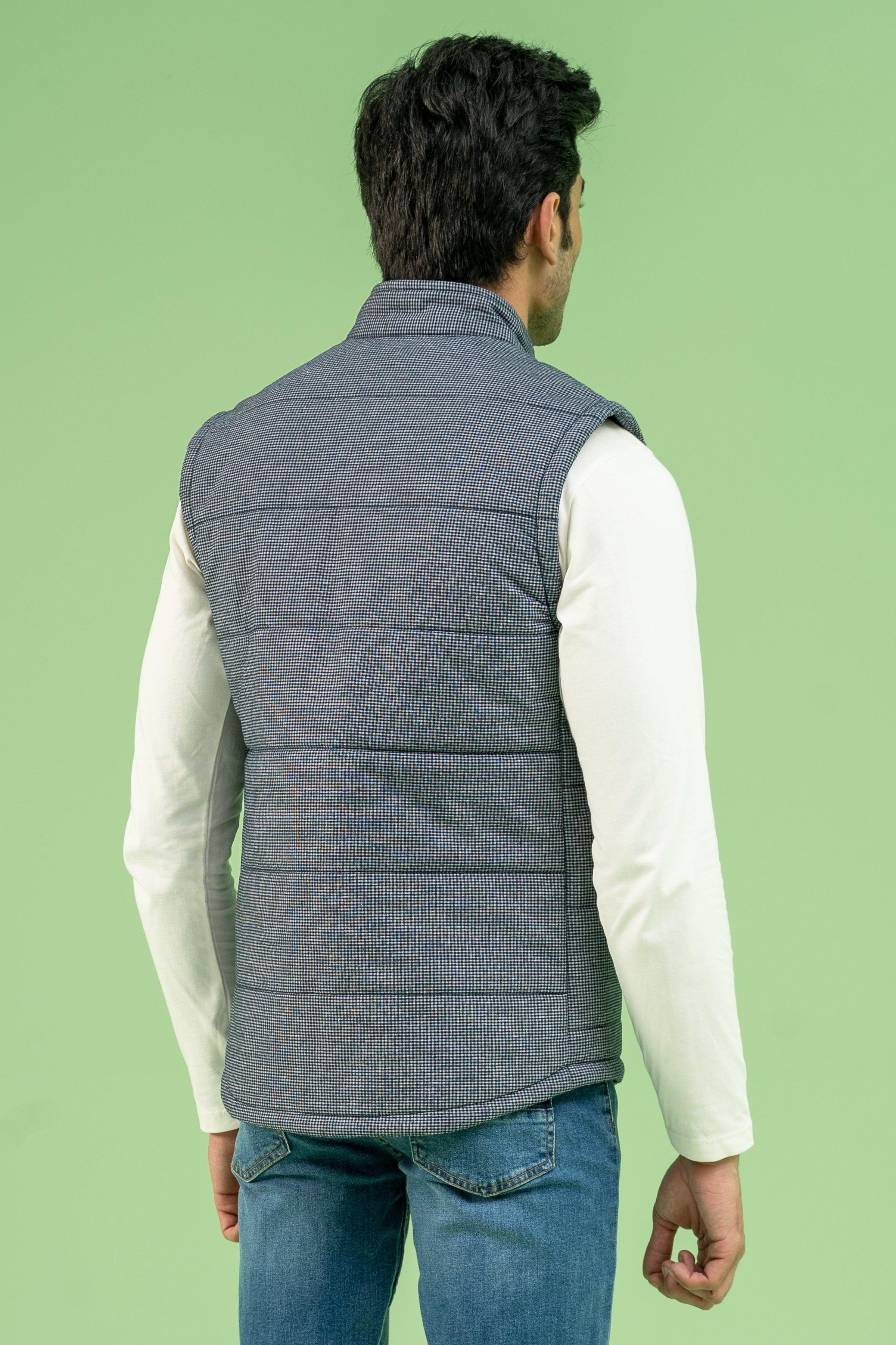 SLEEVELESS CHECK QUILTED JACKET NAVY GREY - Image 3
