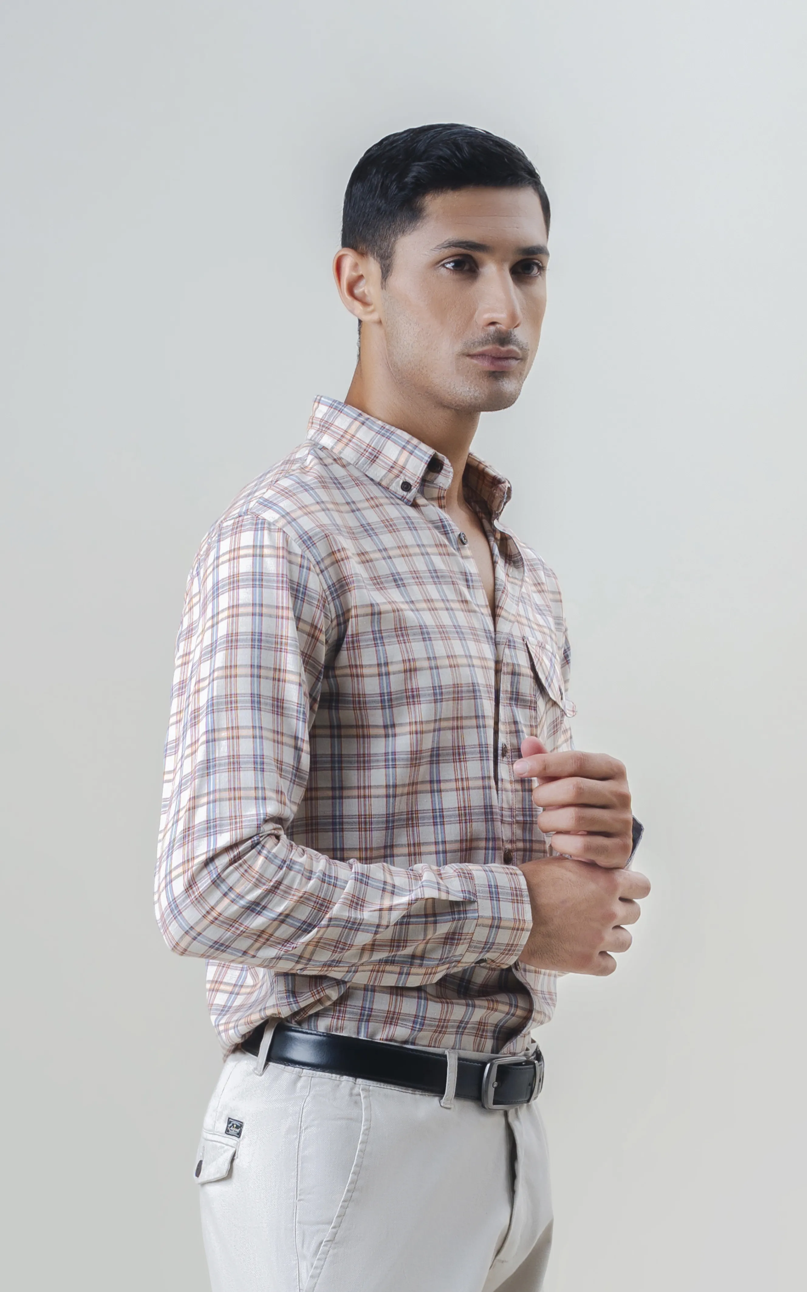SMART FIT CHECKED CASUAL SHIRT KHAKI RUST - Image 3