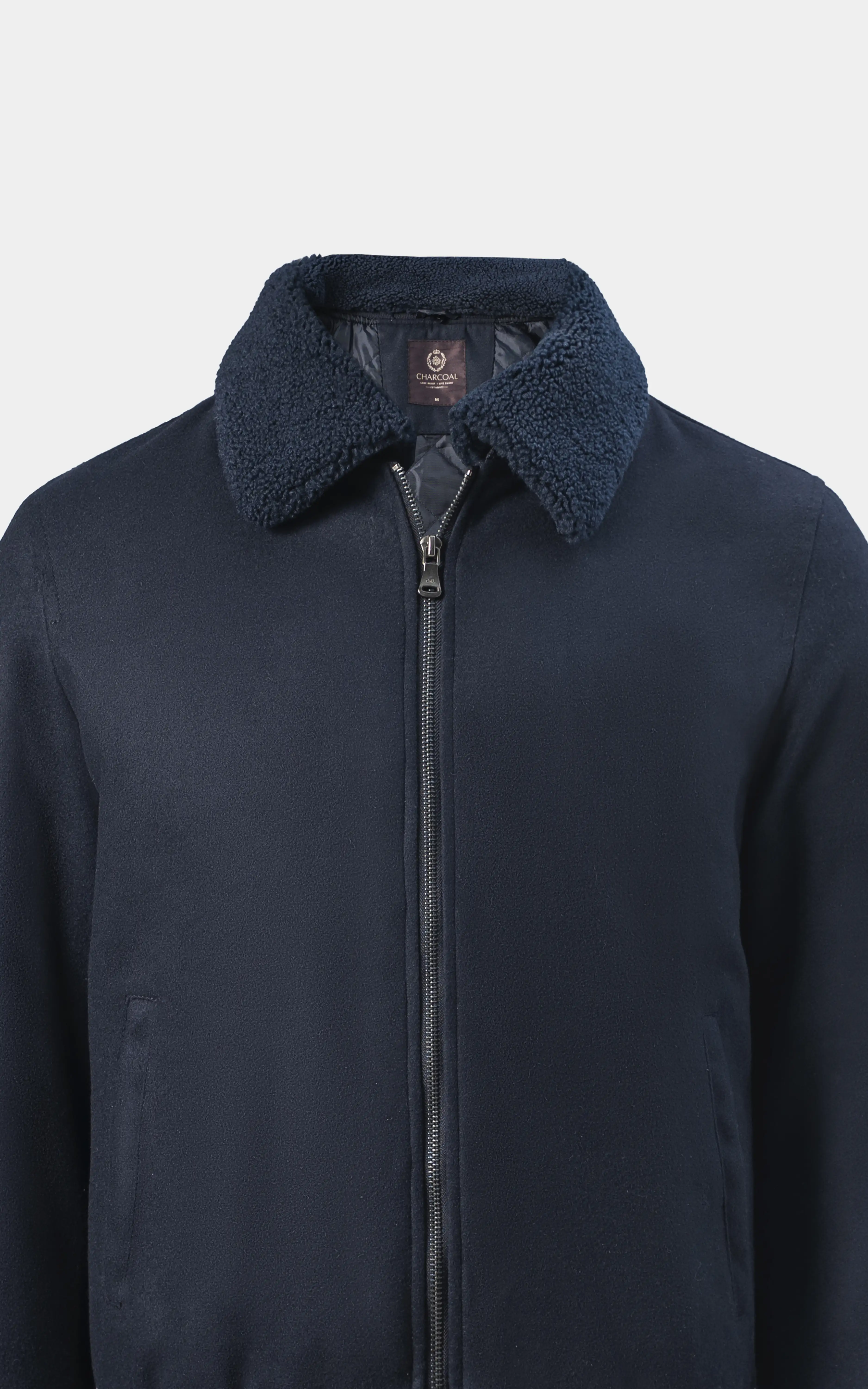 SMART FIT FULLSLEEVE FUR COLLAR WOOL JACKET NAVY - Image 2