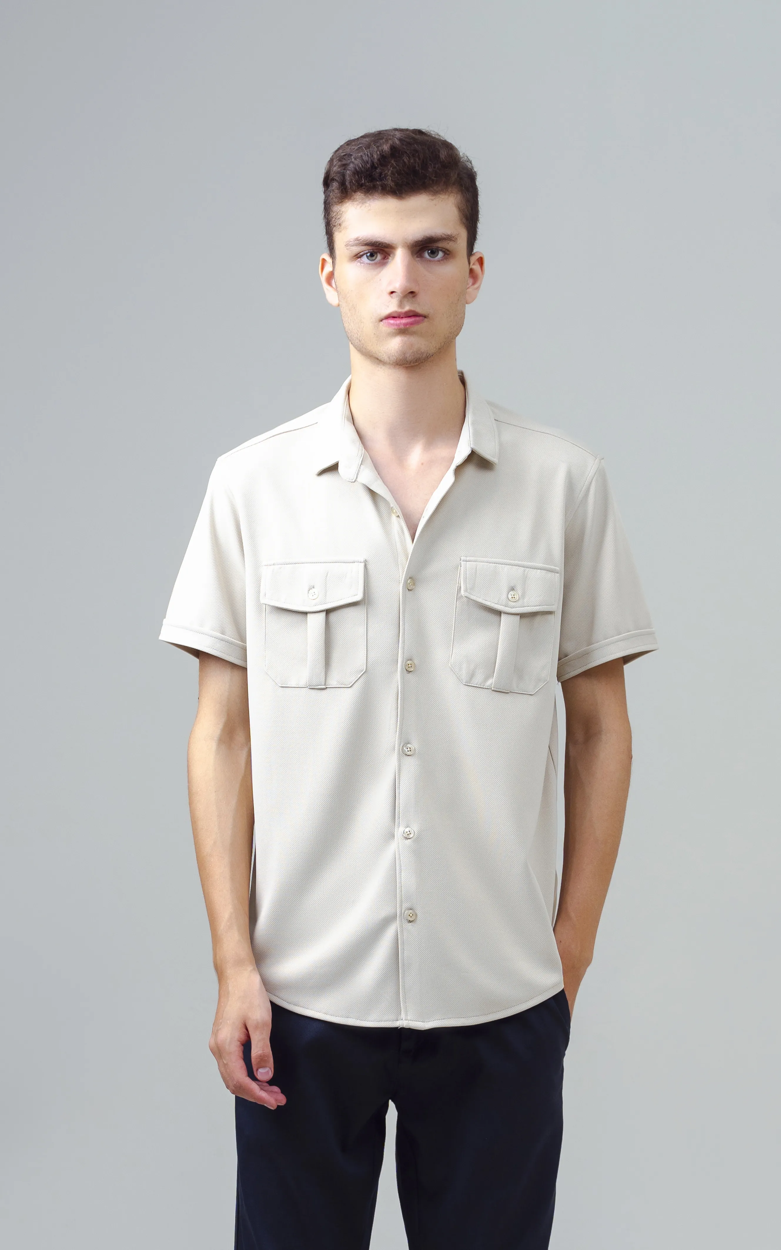 SMART FIT KNIT CASUAL SHIRT LIGHT KHAKI - Image 3