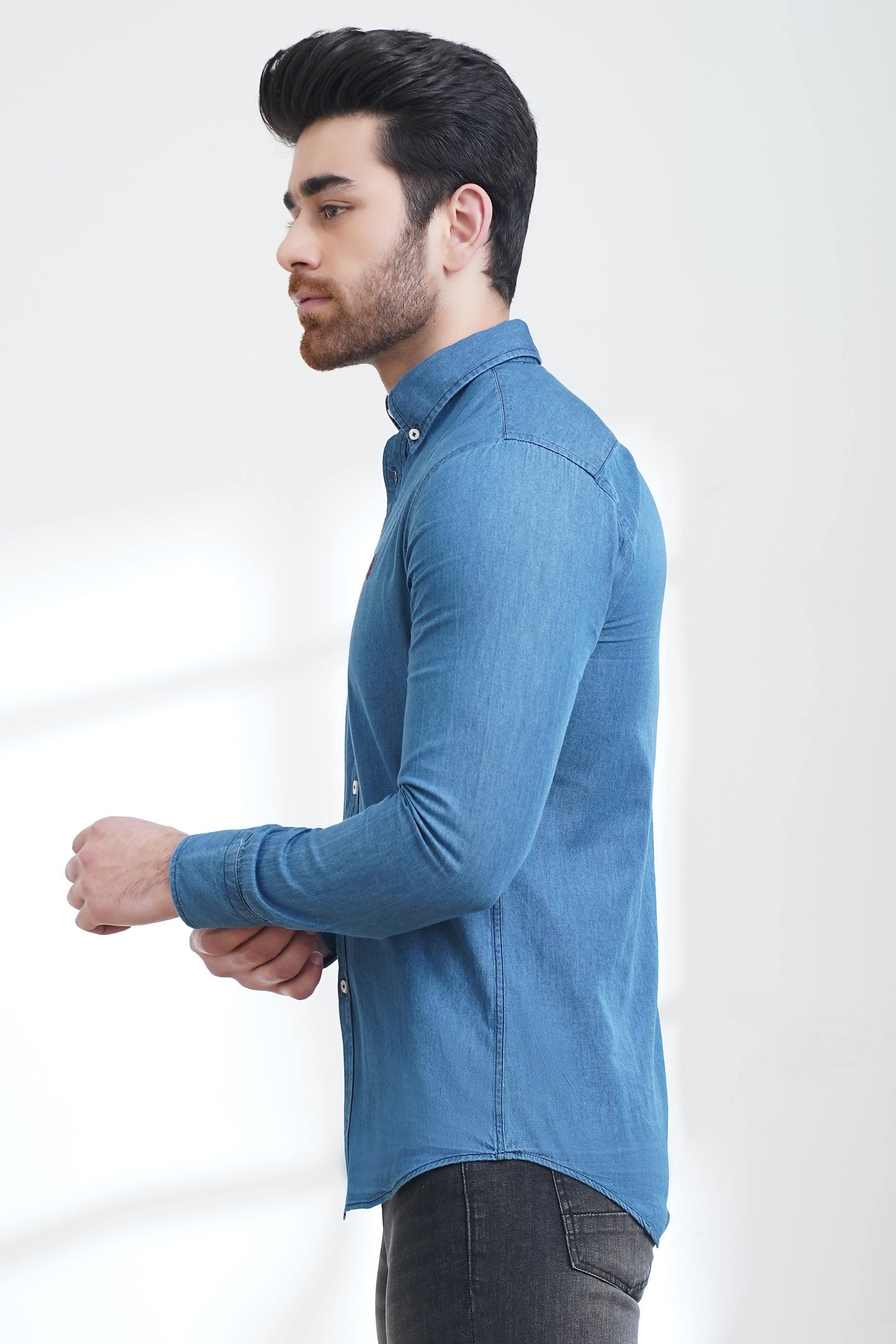 SMART INDIGO DENIM SHIRT BUTTON DOWN FULL SLEEVE DENIM BLUE - Image 2