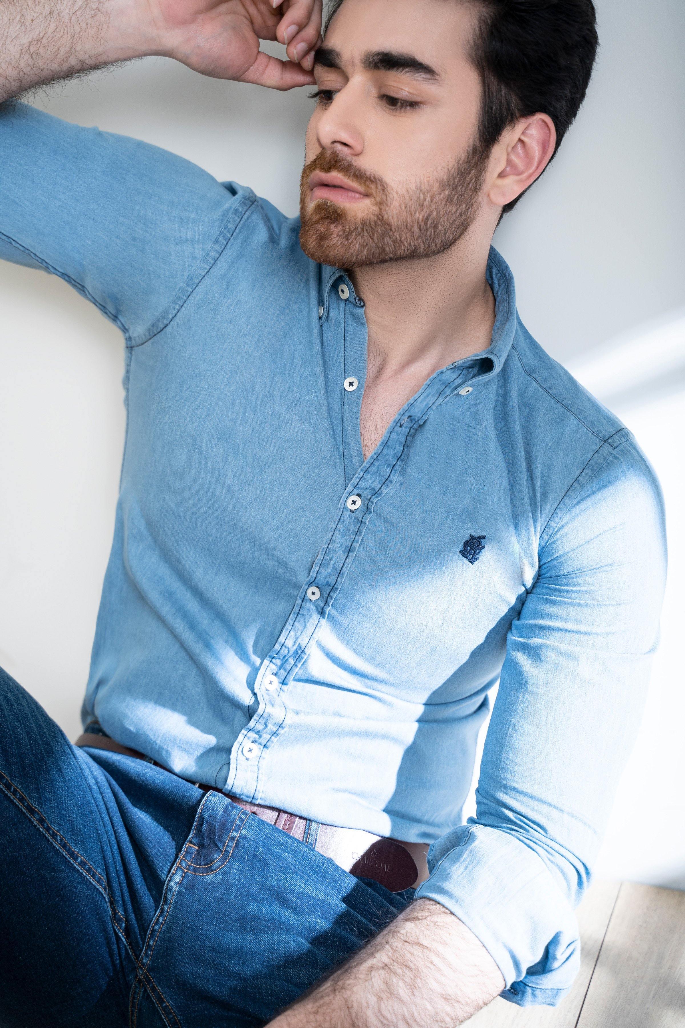 SMART INDIGO DENIM SHIRT BUTTON DOWN FULL SLEEVE LIGHT BLUE - Image 5