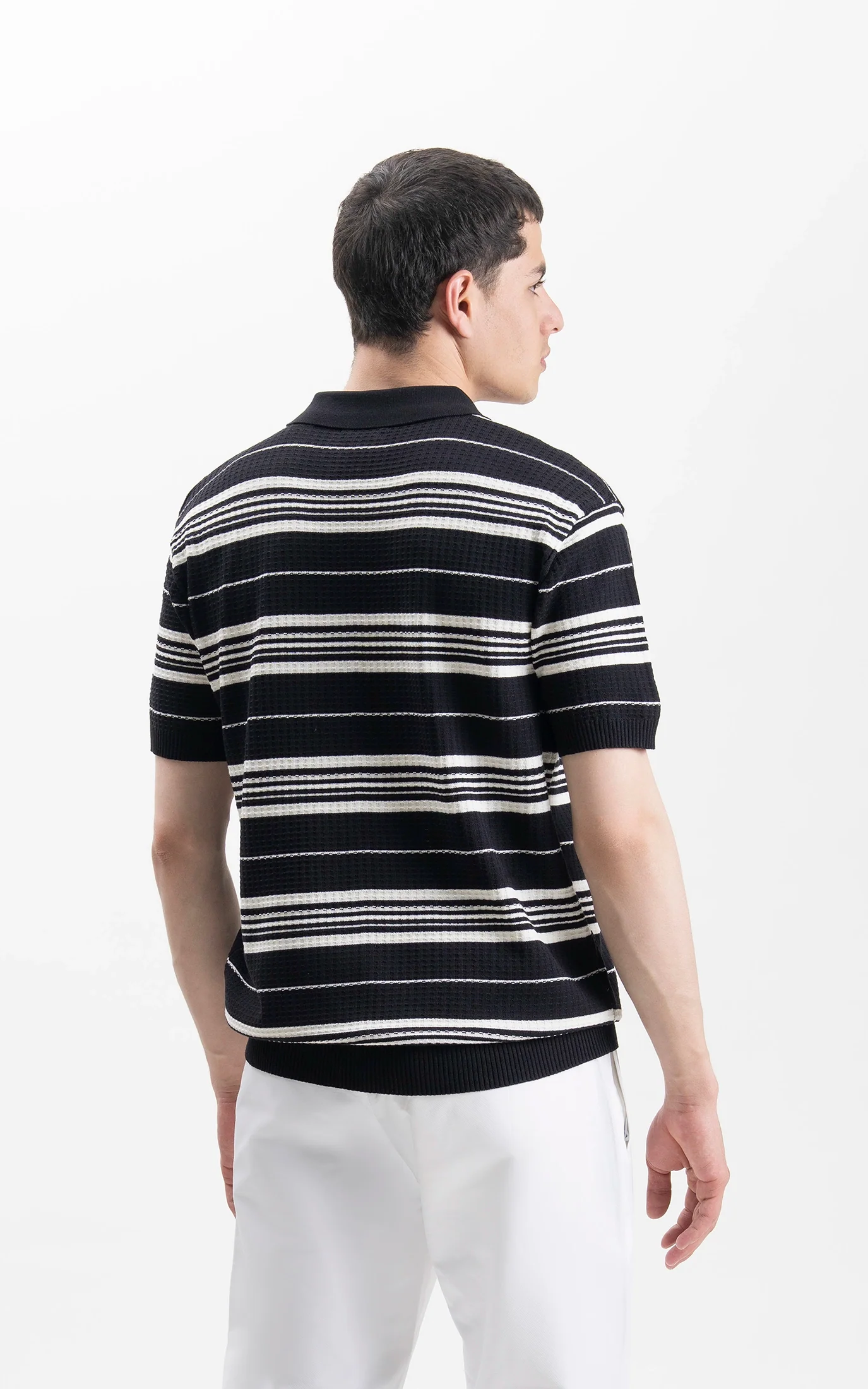 SWEATER KNIT HORIZONTAL STRIPED POLO SHIRT BLACK - Image 5
