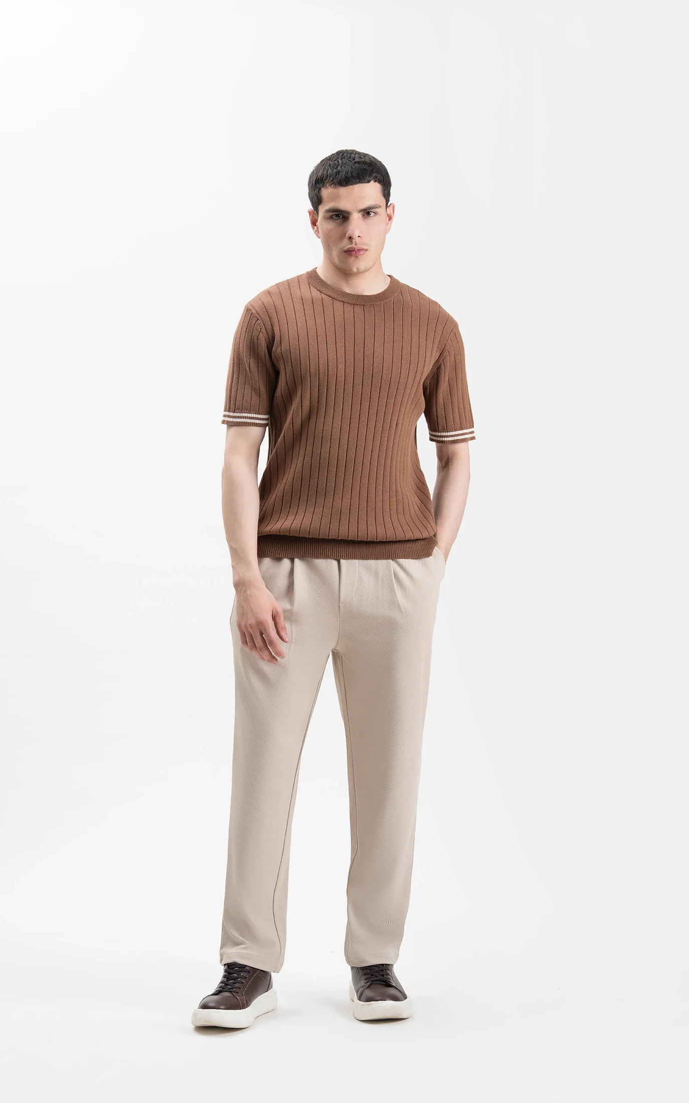 SWEATER KNIT SELF STRIPED CREW NECK T SHIRT BROWN