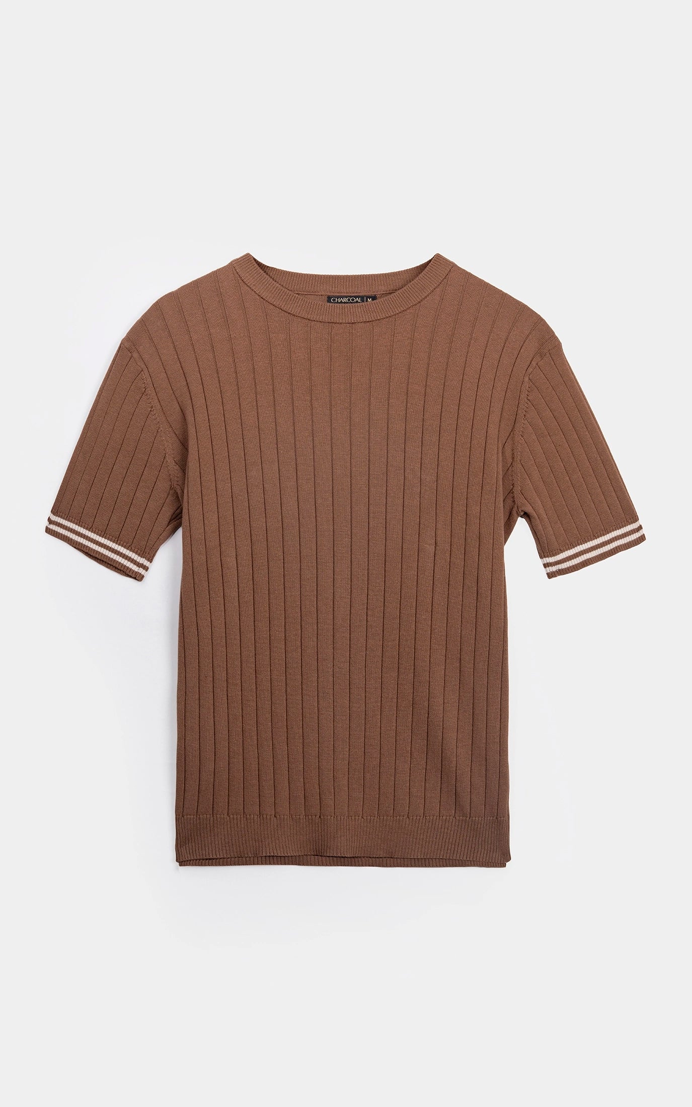 SWEATER KNIT SELF STRIPED CREW NECK T SHIRT BROWN - Image 2