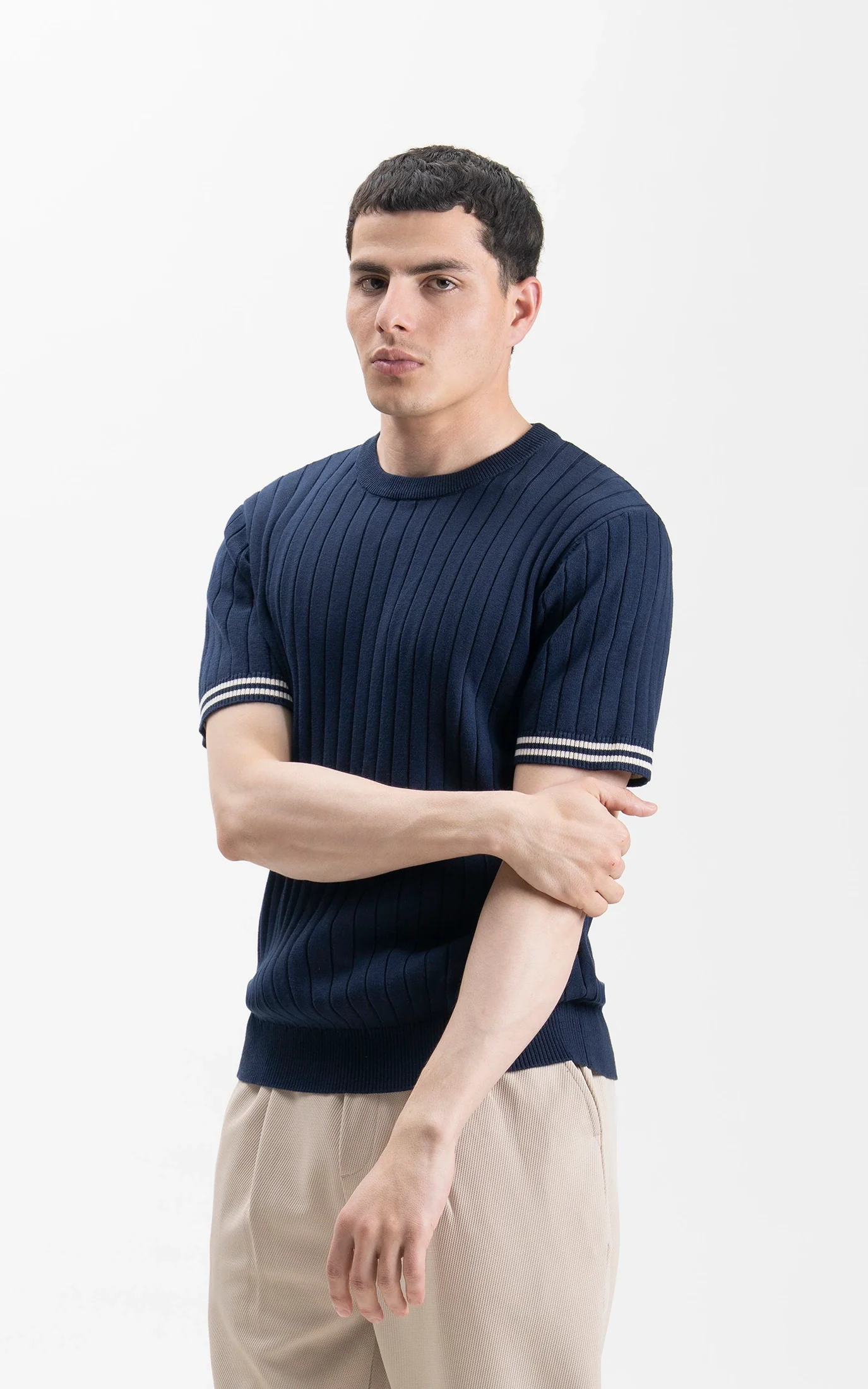 SWEATER KNIT SELF STRIPED CREW  NECK T SHIRT NAVY - Image 3