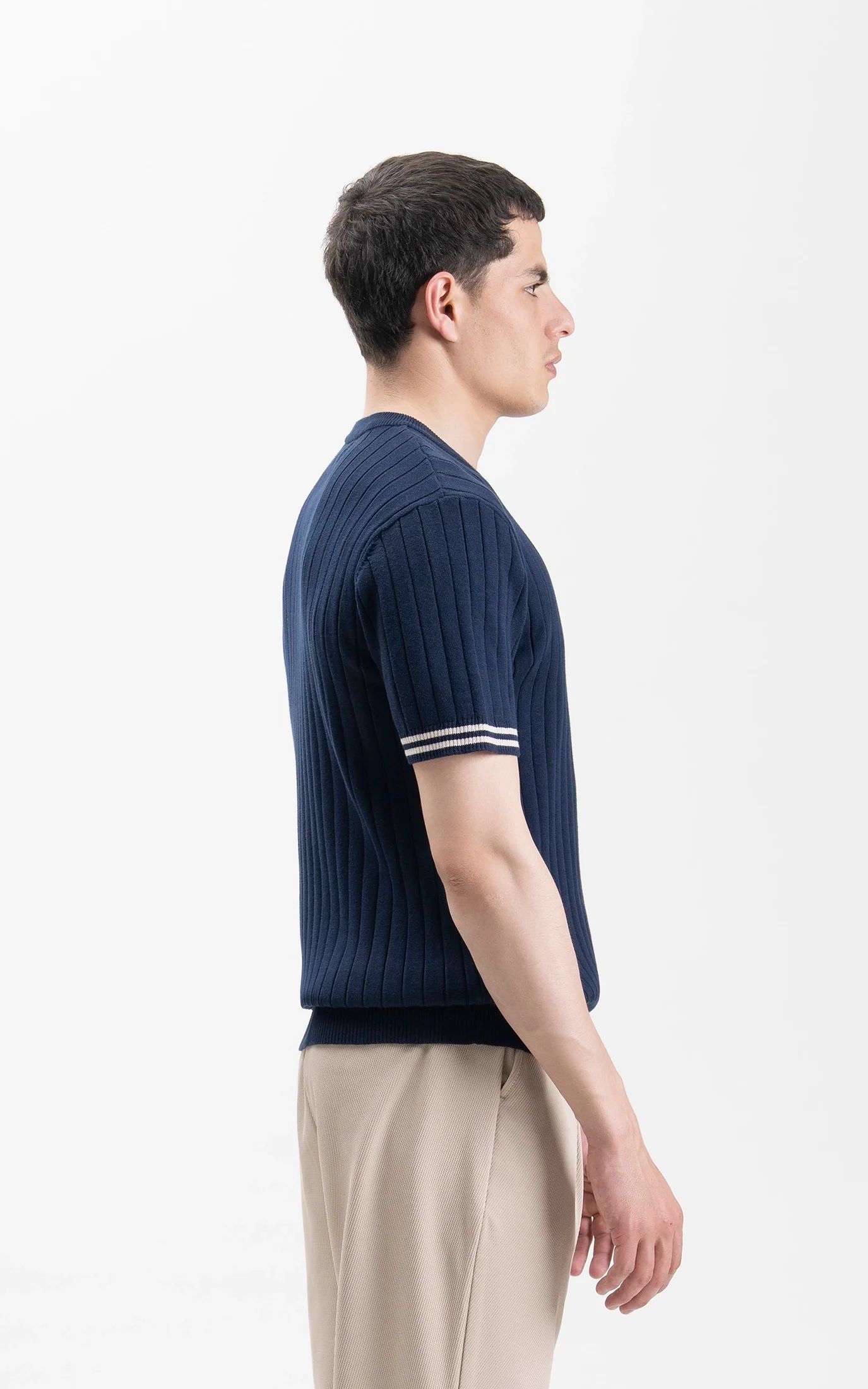 SWEATER KNIT SELF STRIPED CREW  NECK T SHIRT NAVY - Image 6