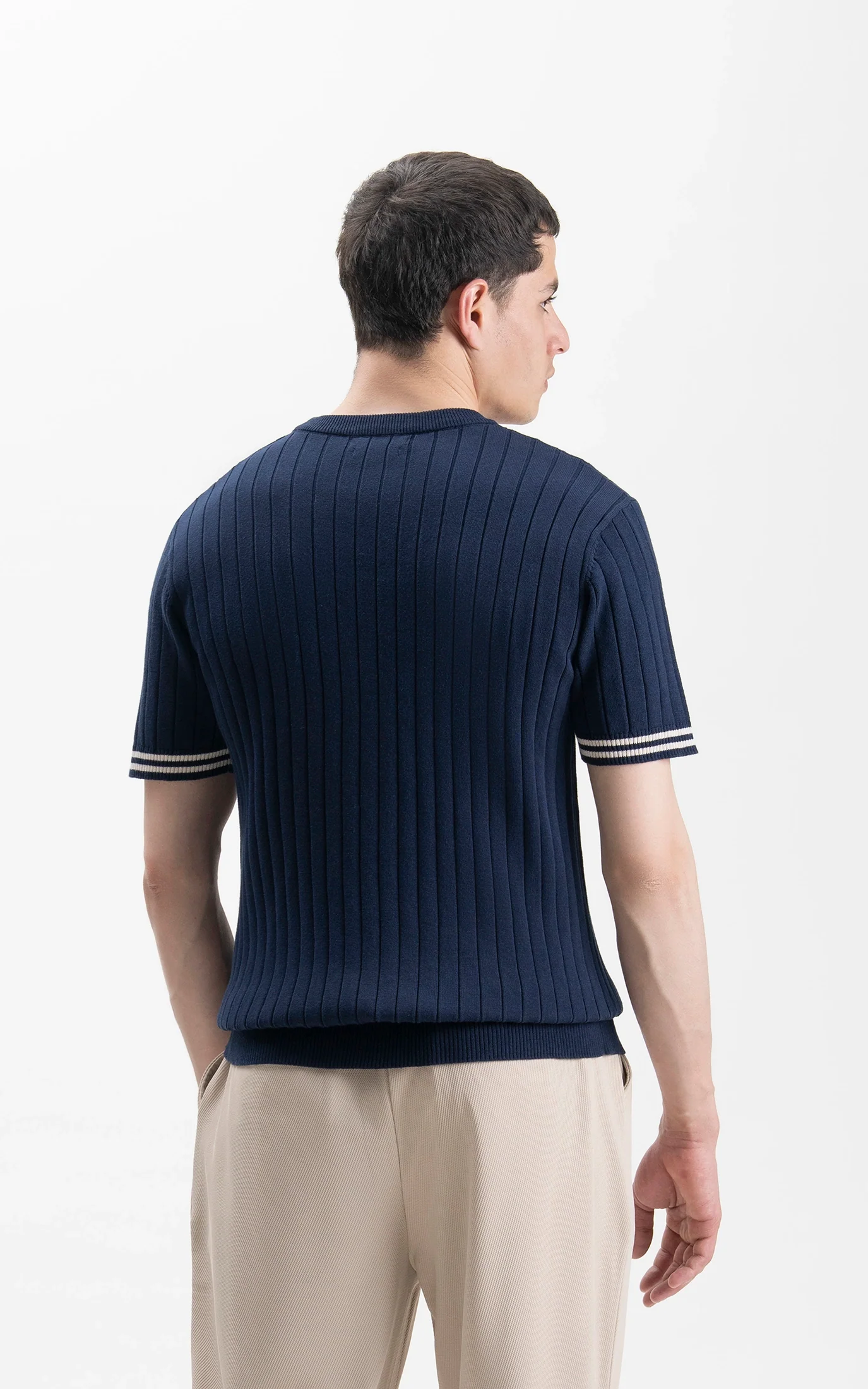 SWEATER KNIT SELF STRIPED CREW  NECK T SHIRT NAVY - Image 7