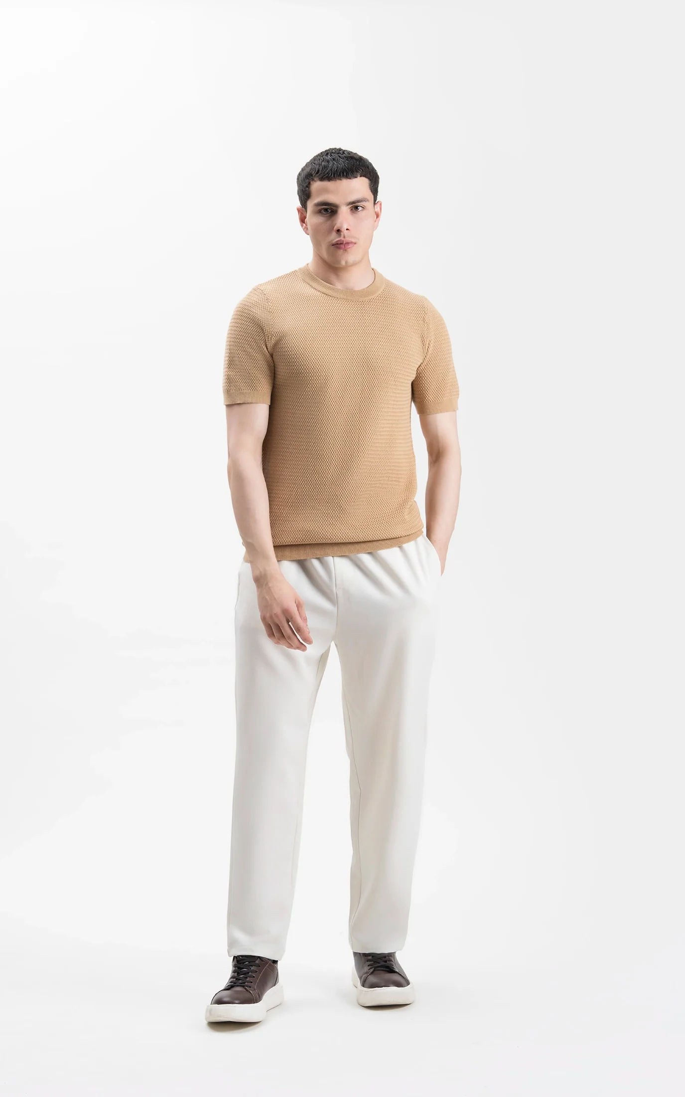 SWEATER KNIT SELF TEXTURED CREW NECK T SHIRT KHAKI