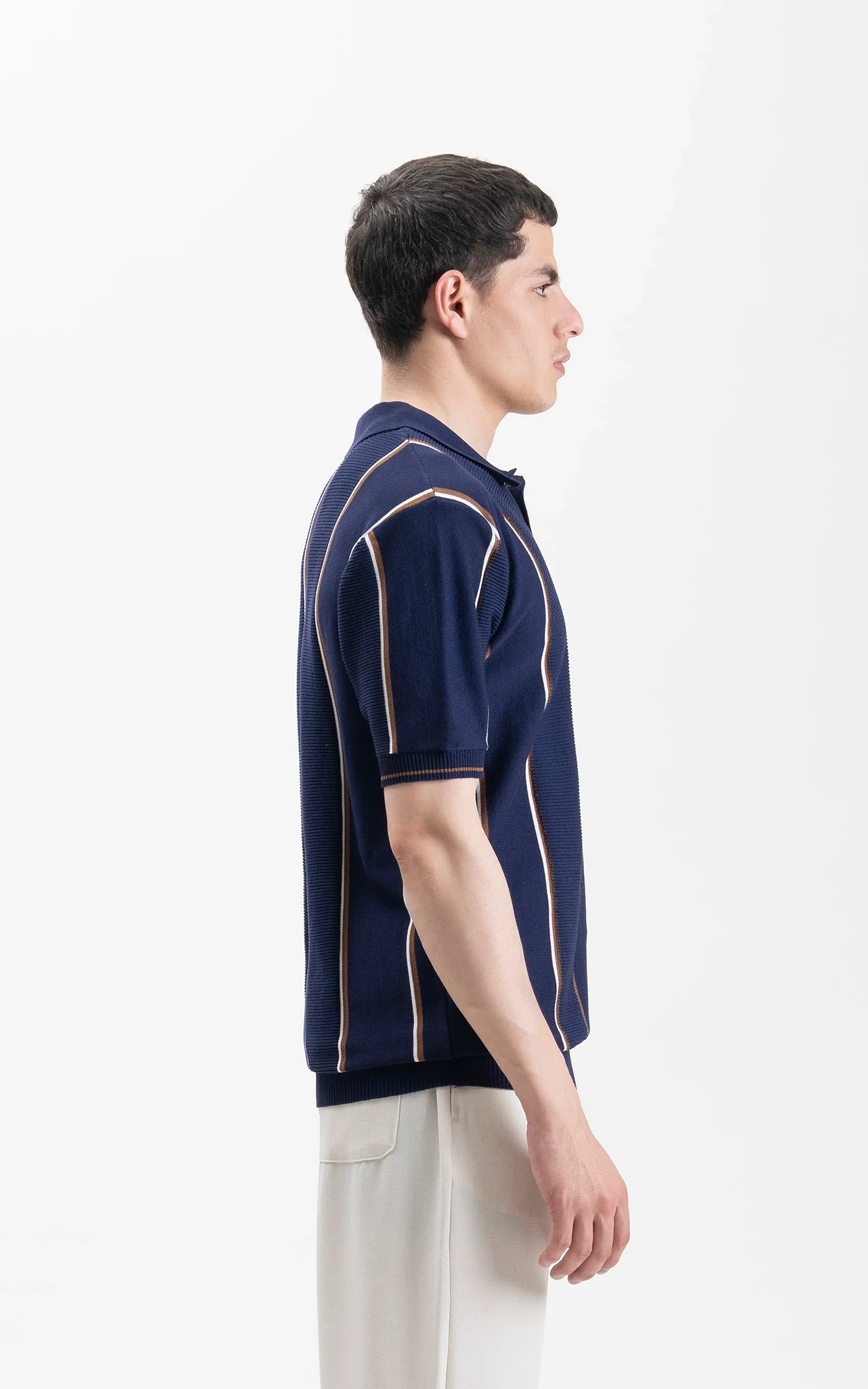 SWEATER KNIT VERTICAL STRIPED POLO SHIRT NAVY - Image 6