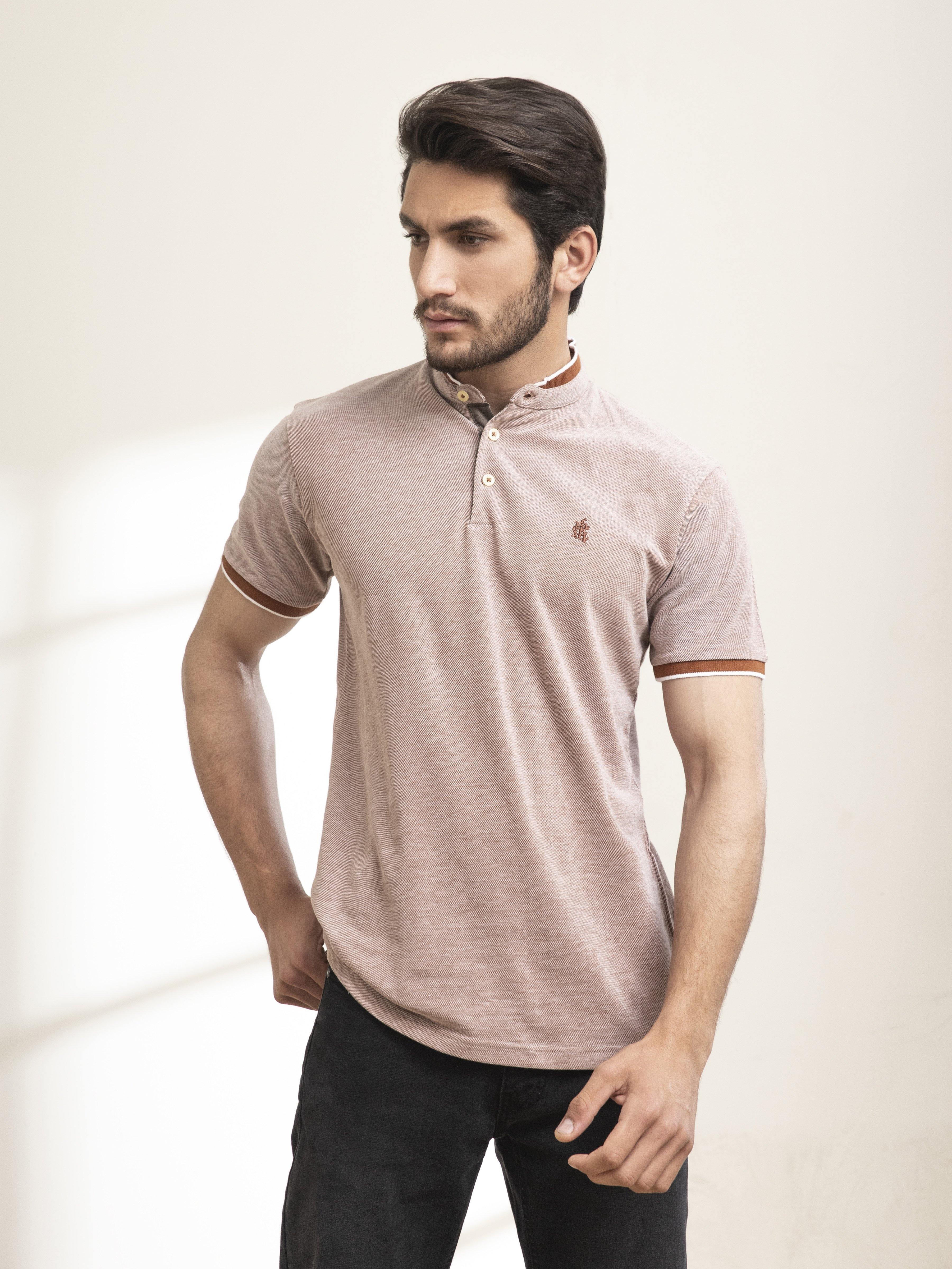T SHIRT BAN COLLAR BIRD EYE WITH EMBROIDERY RUST