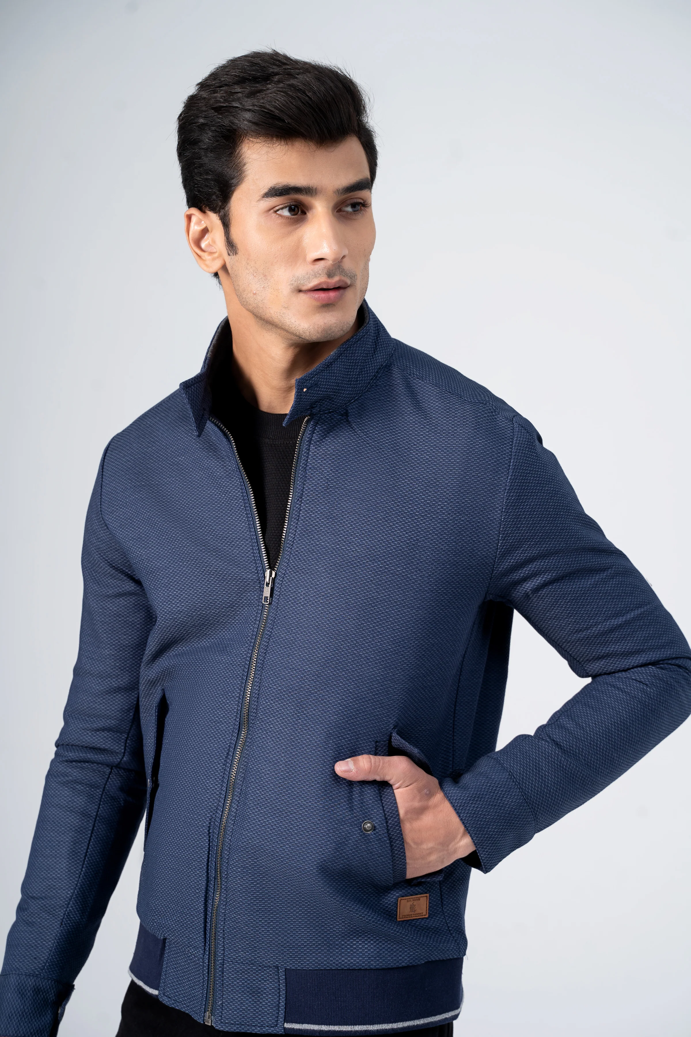 Textured Ban Collar Tipping Jacket Navy - Image 2