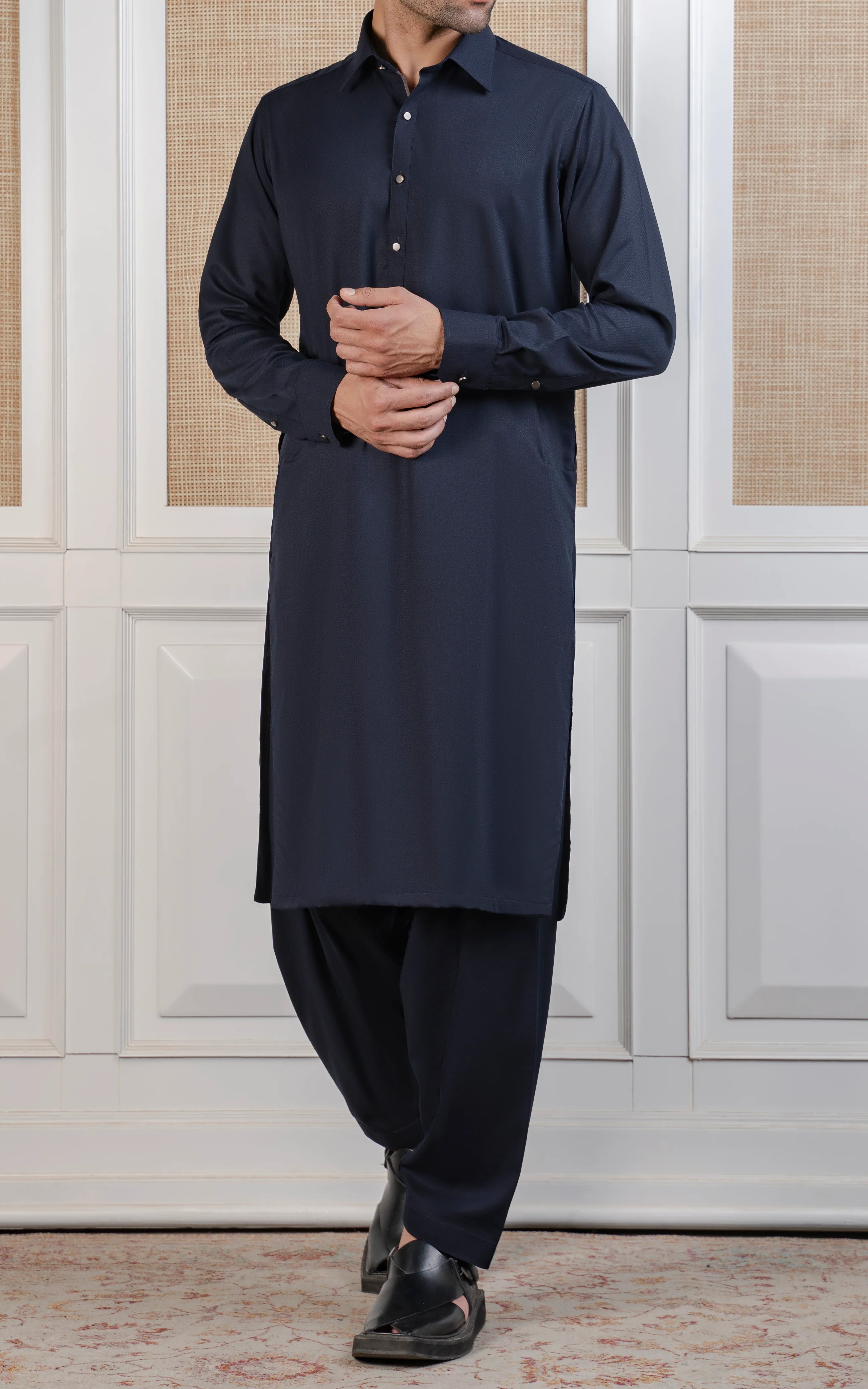 TEXTURED BLENDED KAMEEZ SHALWAR - EXECUTIVE COLLECTION NAVY