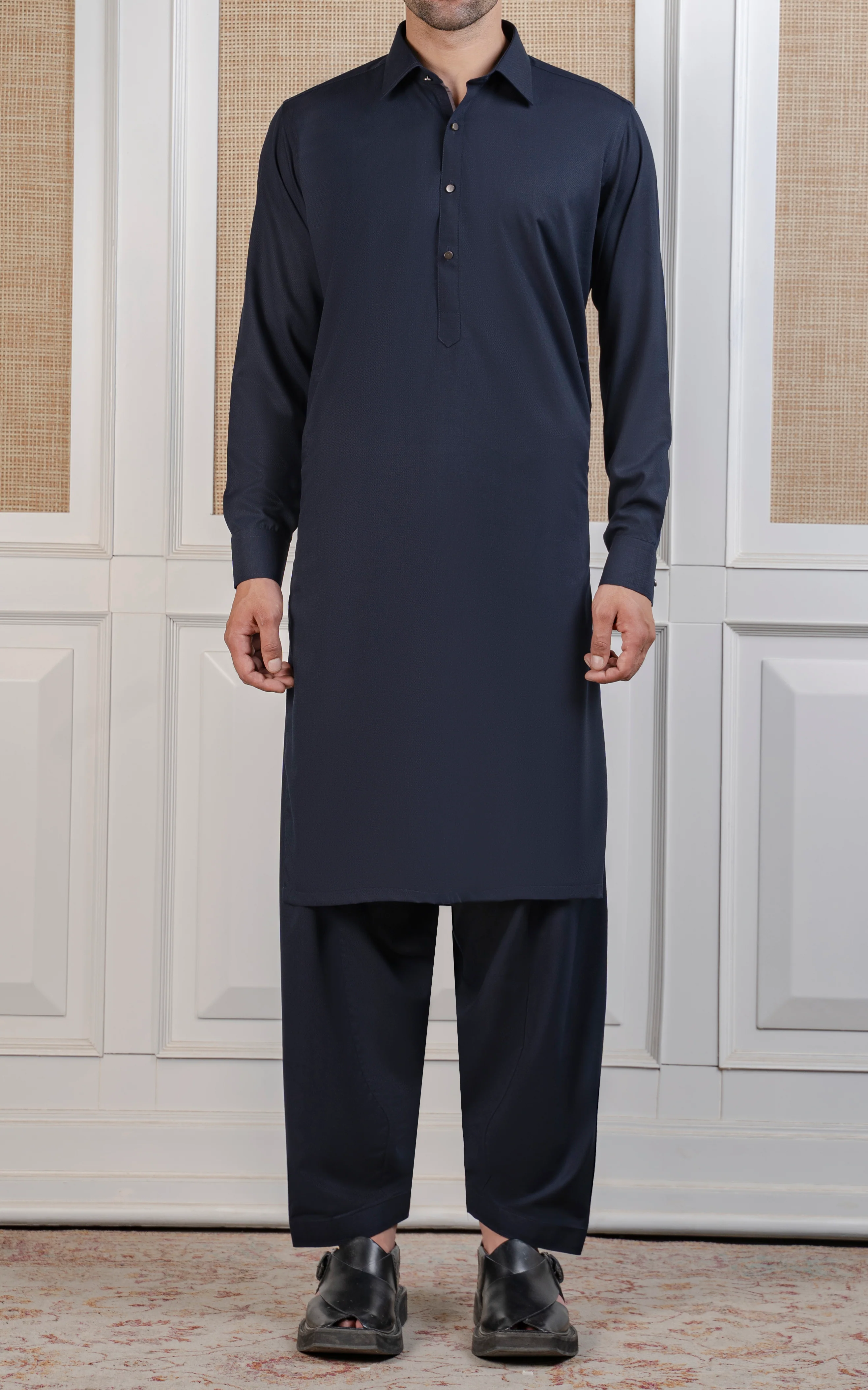 TEXTURED BLENDED KAMEEZ SHALWAR - EXECUTIVE COLLECTION NAVY - Image 2