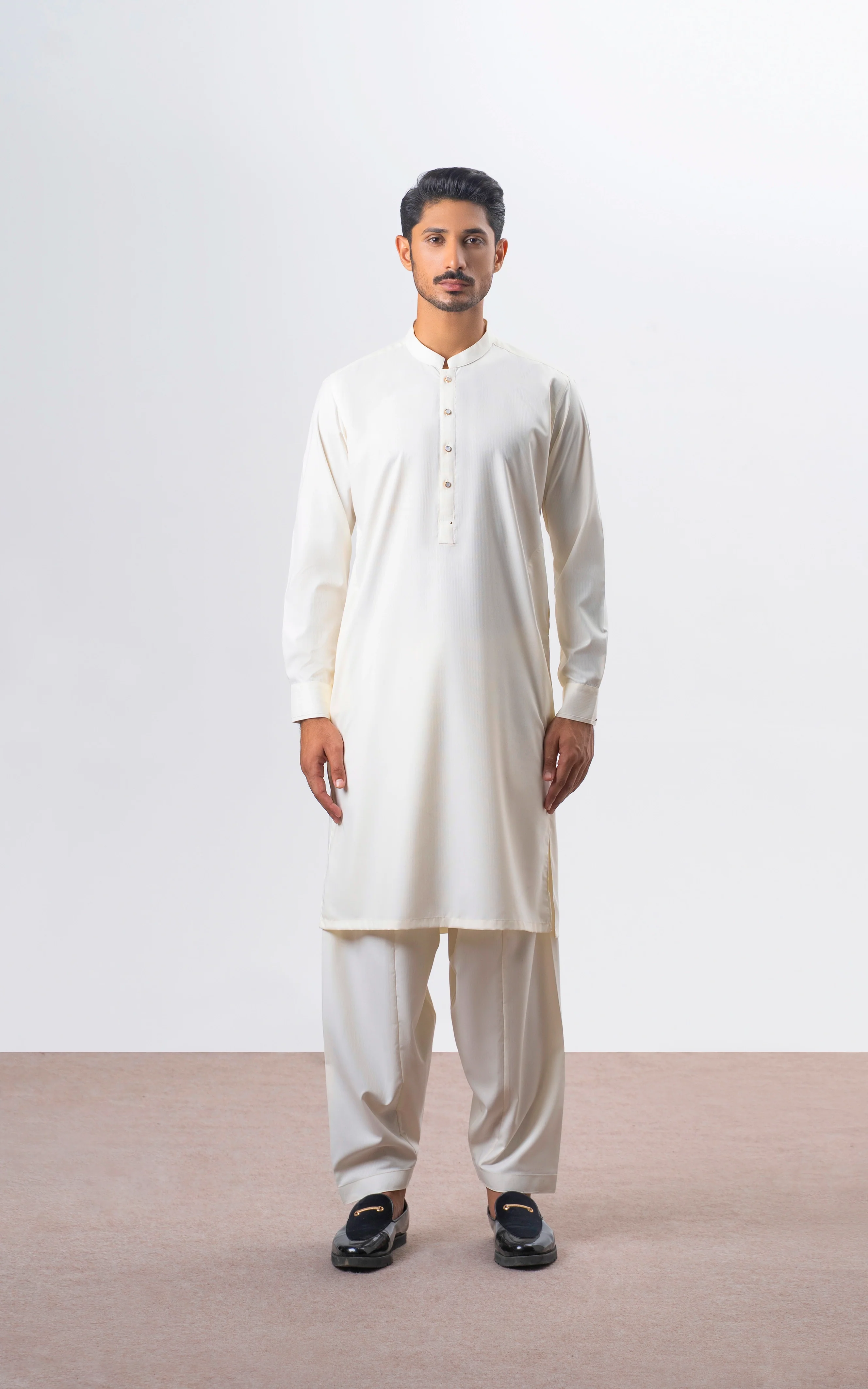 TEXTURED BLENDED KAMEEZ SHALWAR | SIGNATURE COLLECTION CREAM - Image 2