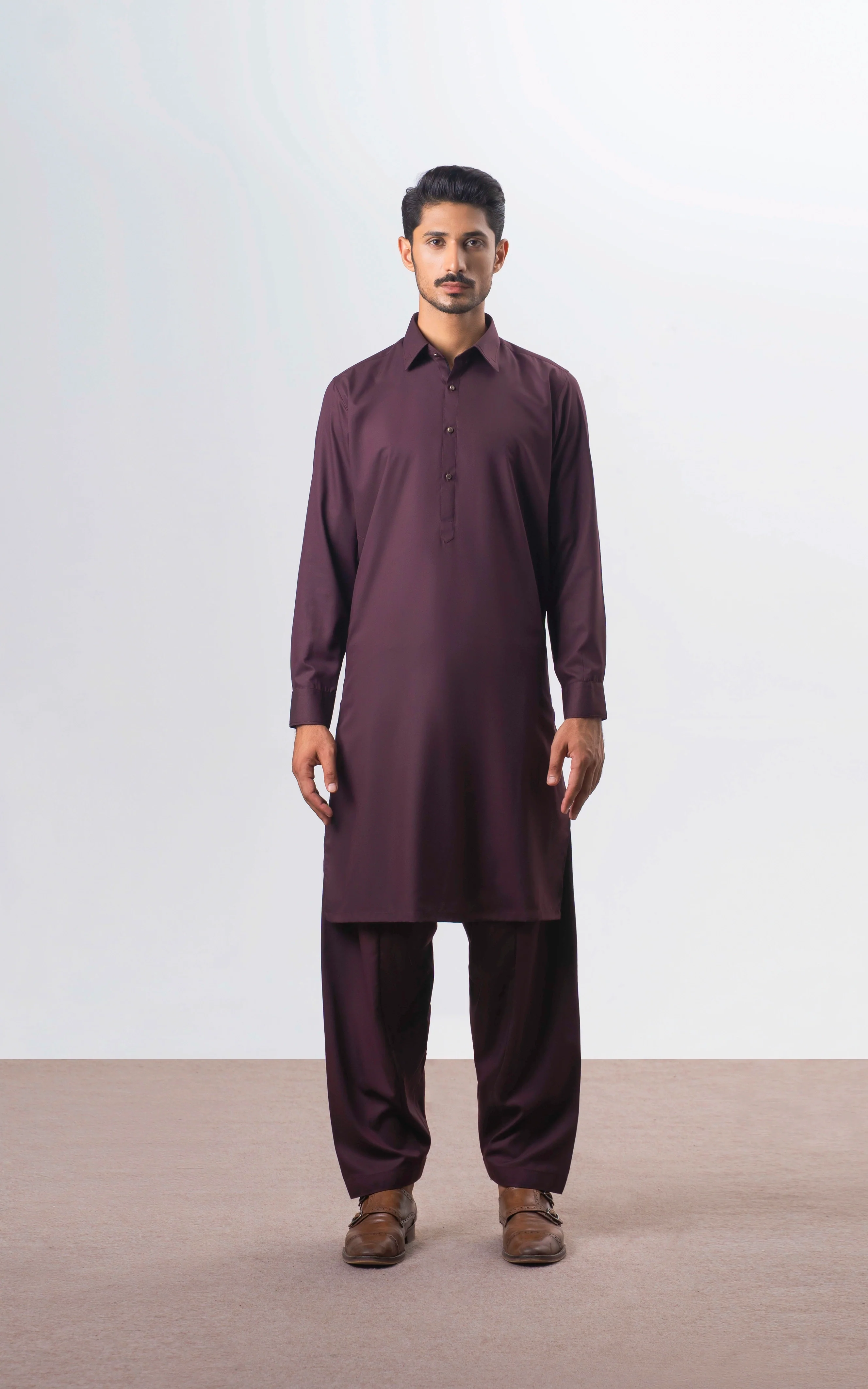 TEXTURED BLENDED KAMEEZ SHALWAR | SIGNATURE COLLECTION DULL MAROON - Image 2