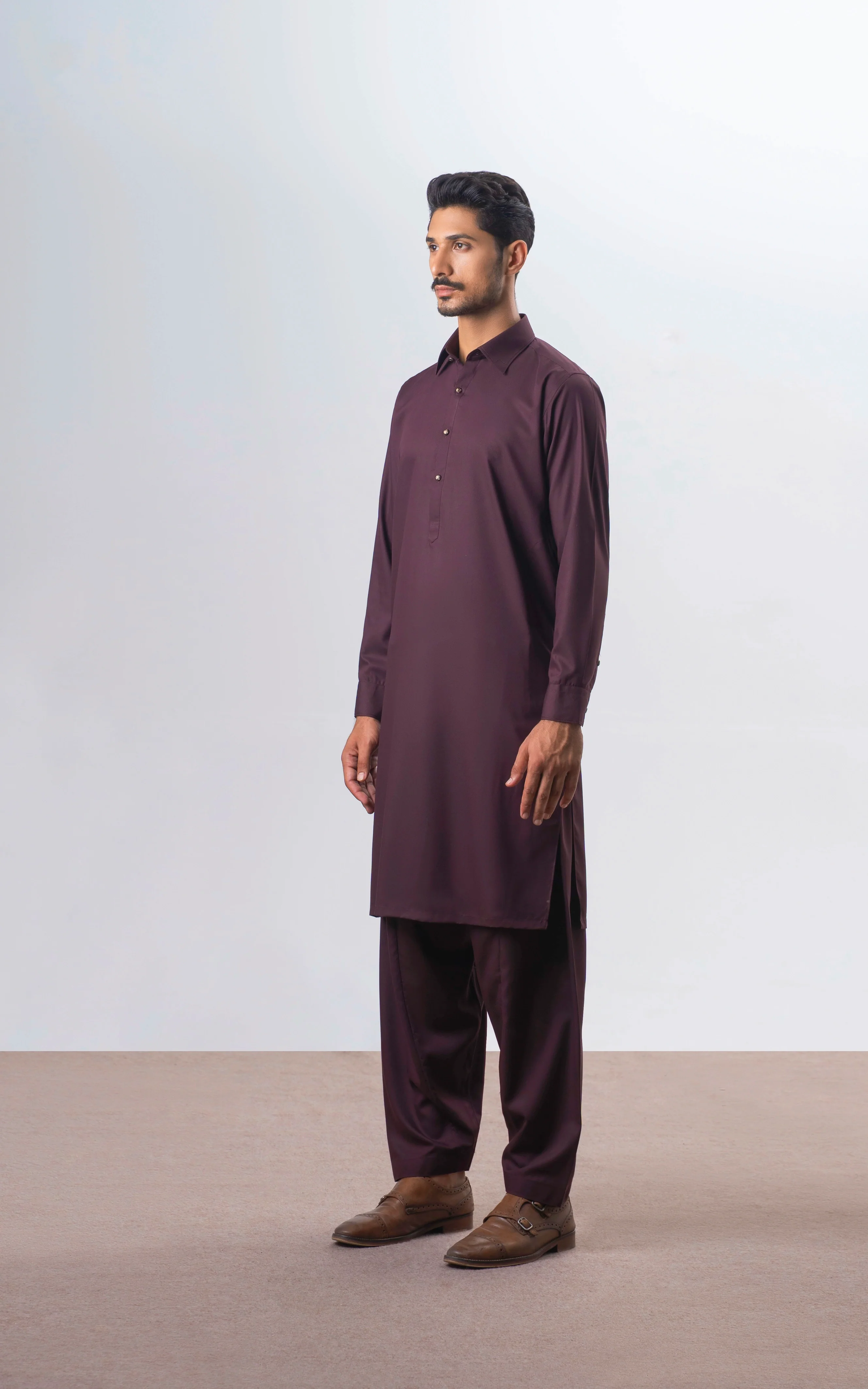 TEXTURED BLENDED KAMEEZ SHALWAR | SIGNATURE COLLECTION DULL MAROON - Image 5