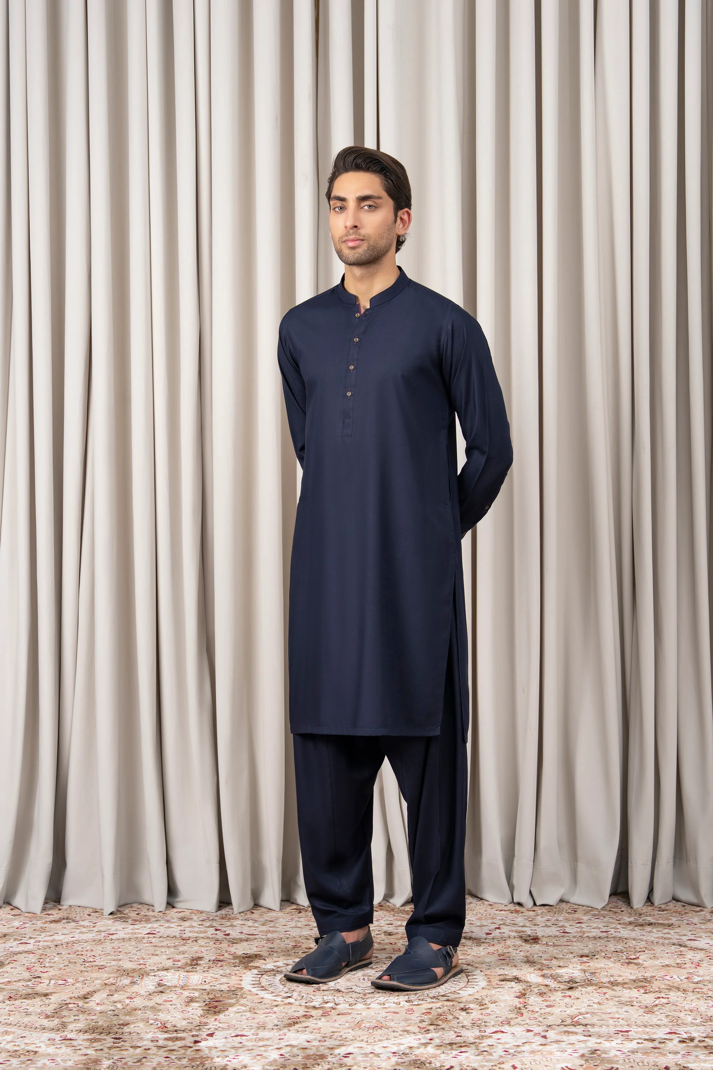 TEXTURED BLENDED KAMEEZ SHALWAR - SIGNATURE COLLECTION NAVY - Image 4