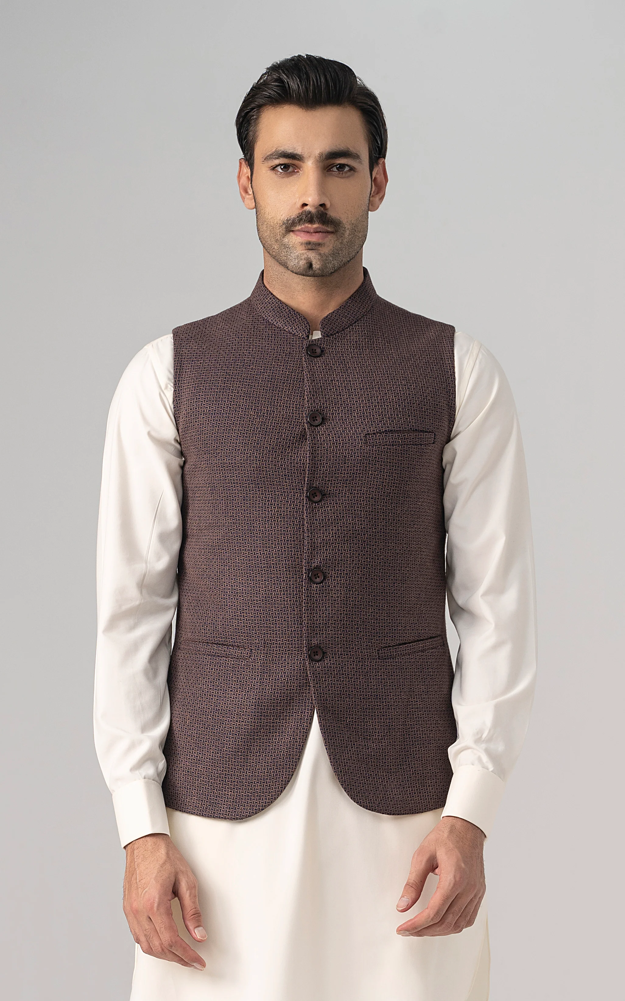 TEXTURED WOOL BLENDED WAISTCOAT - SIGNATURE COLLECTION BROWN NAVY