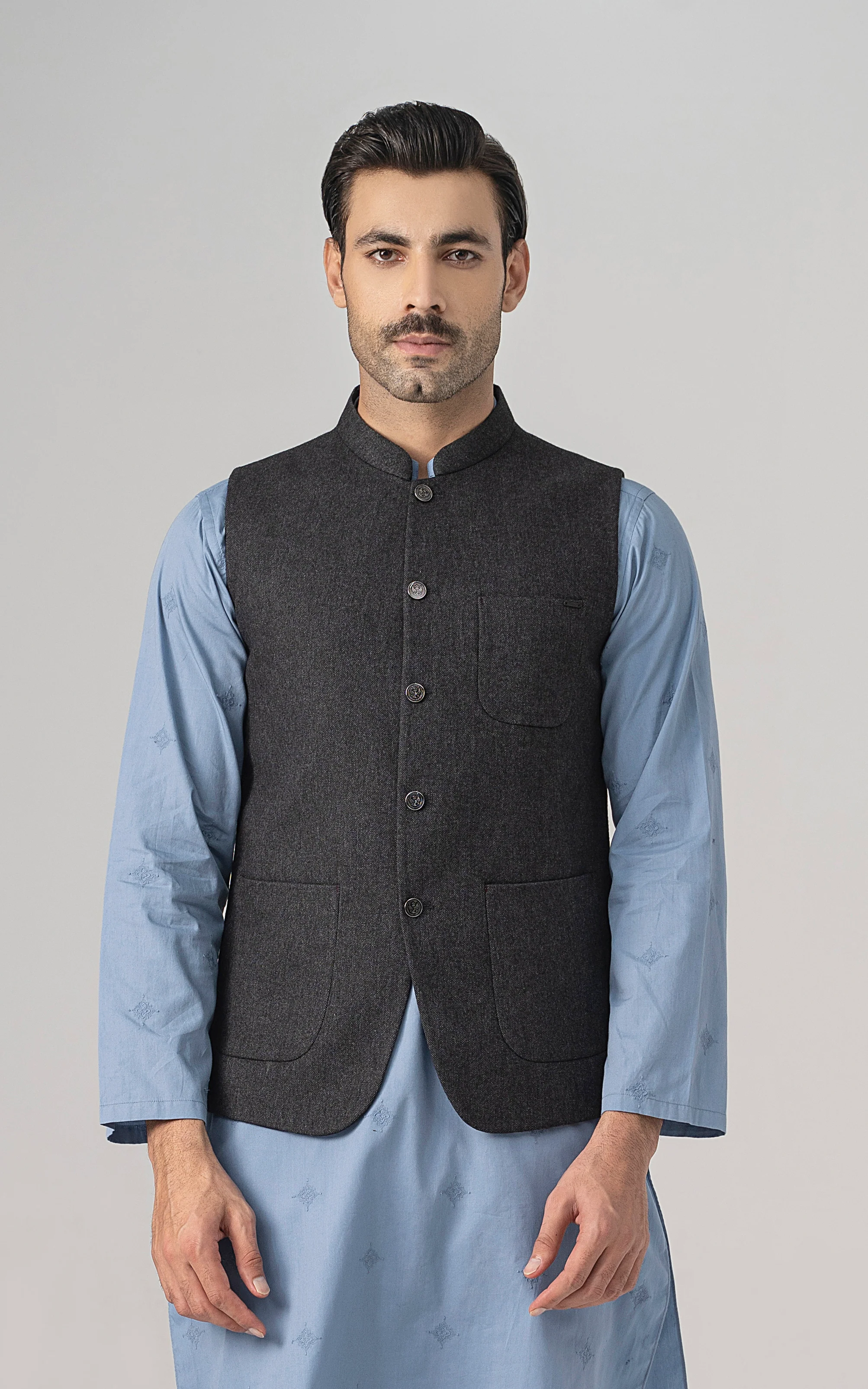 TEXTURED WOOL BLENDED WAISTCOAT -SIGNATURE COLLECTION   CHARCOAL GREY