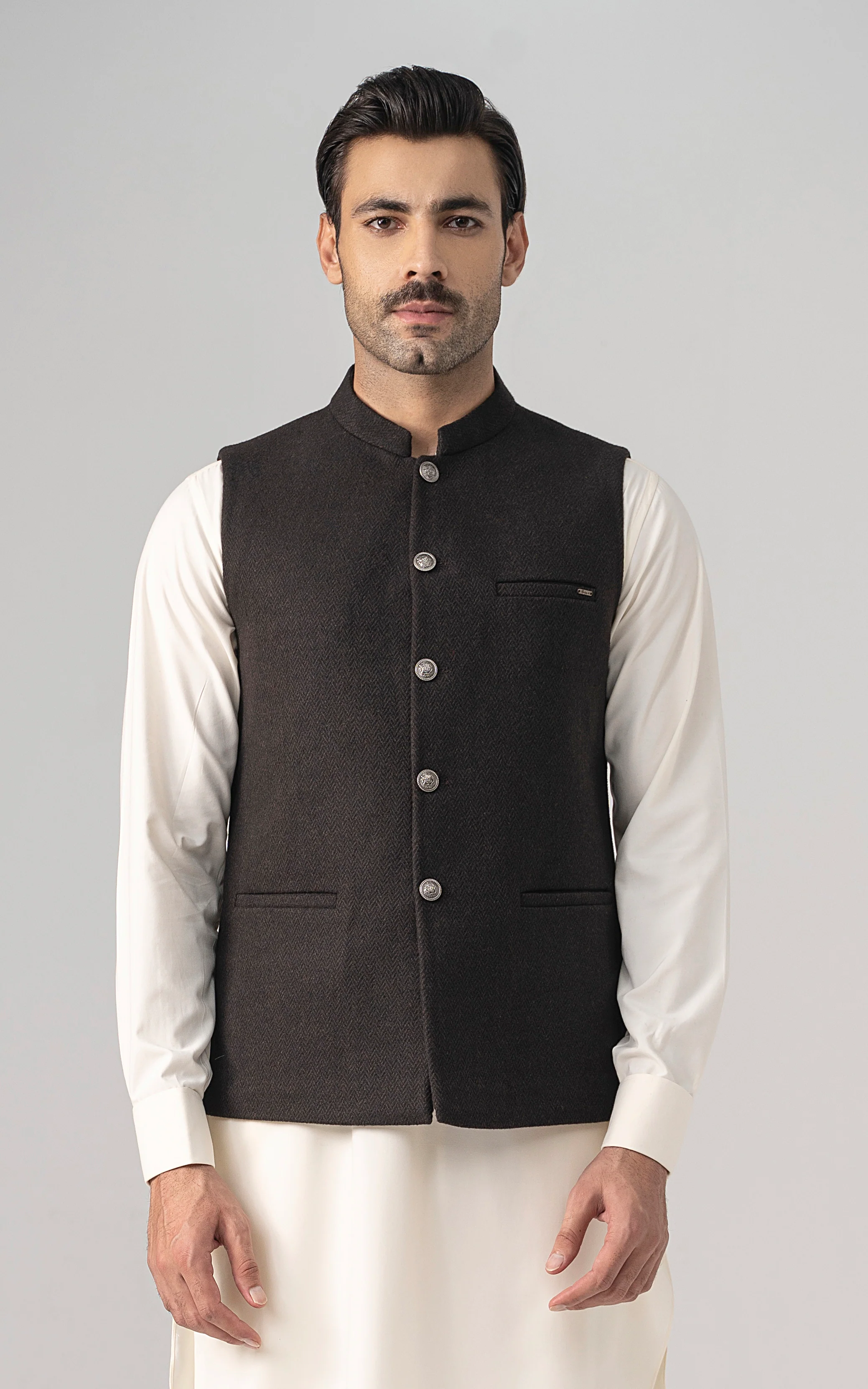 TEXTURED WOOL BLENDED WAISTCOAT - SIGNATURE COLLECTION CHOCOLATE BROWN