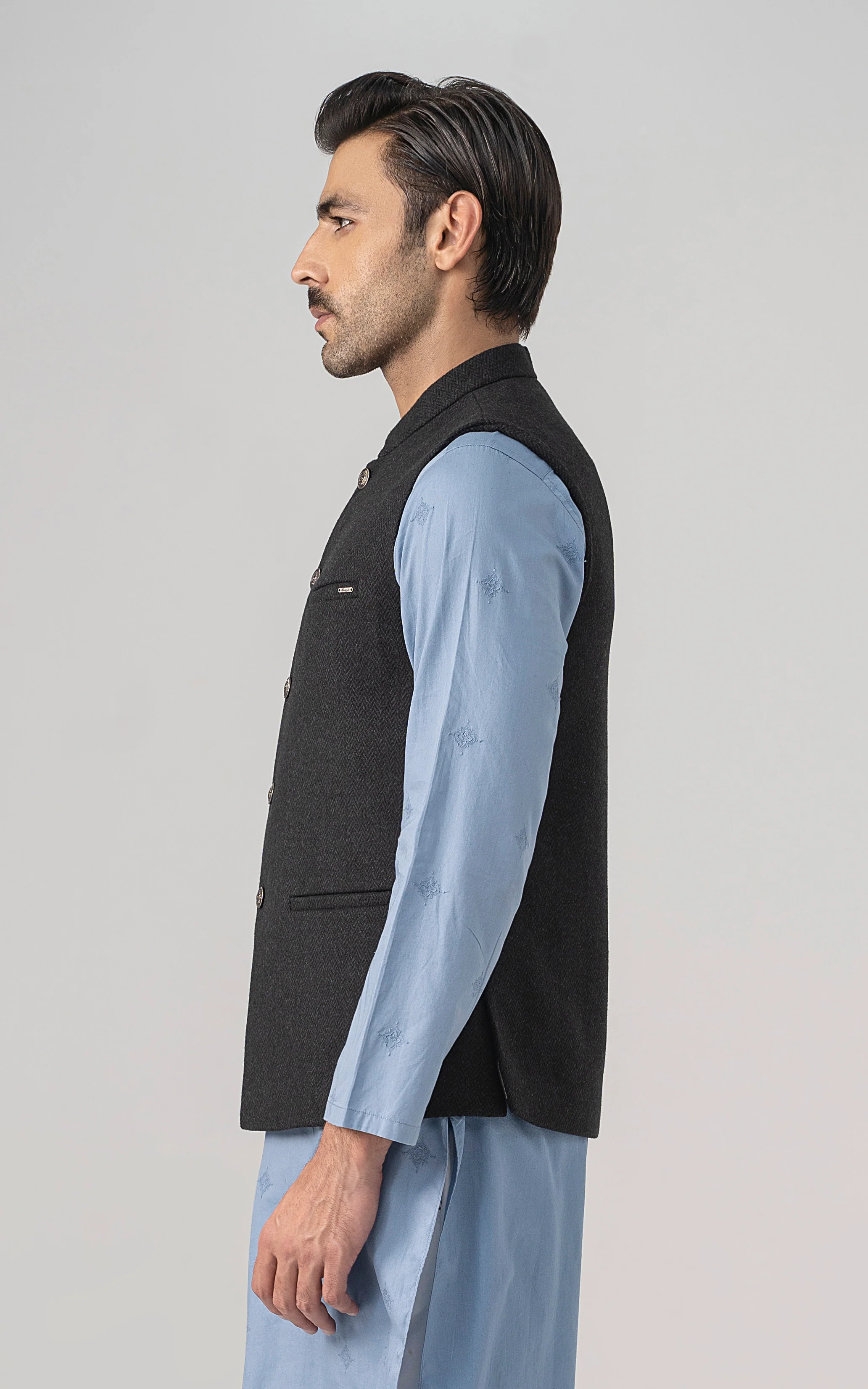 TEXTURED WOOL BLENDED WAISTCOAT - SIGNATURE COLLECTION DARK GREY - Image 3