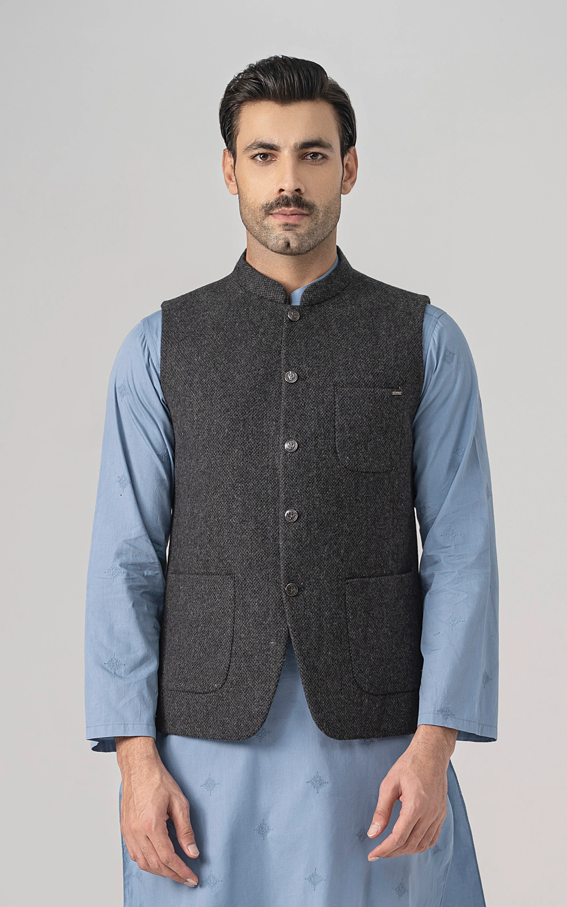 TEXTURED WOOL BLENDED WAISTCOAT - SIGNATURE COLLECTION GREY