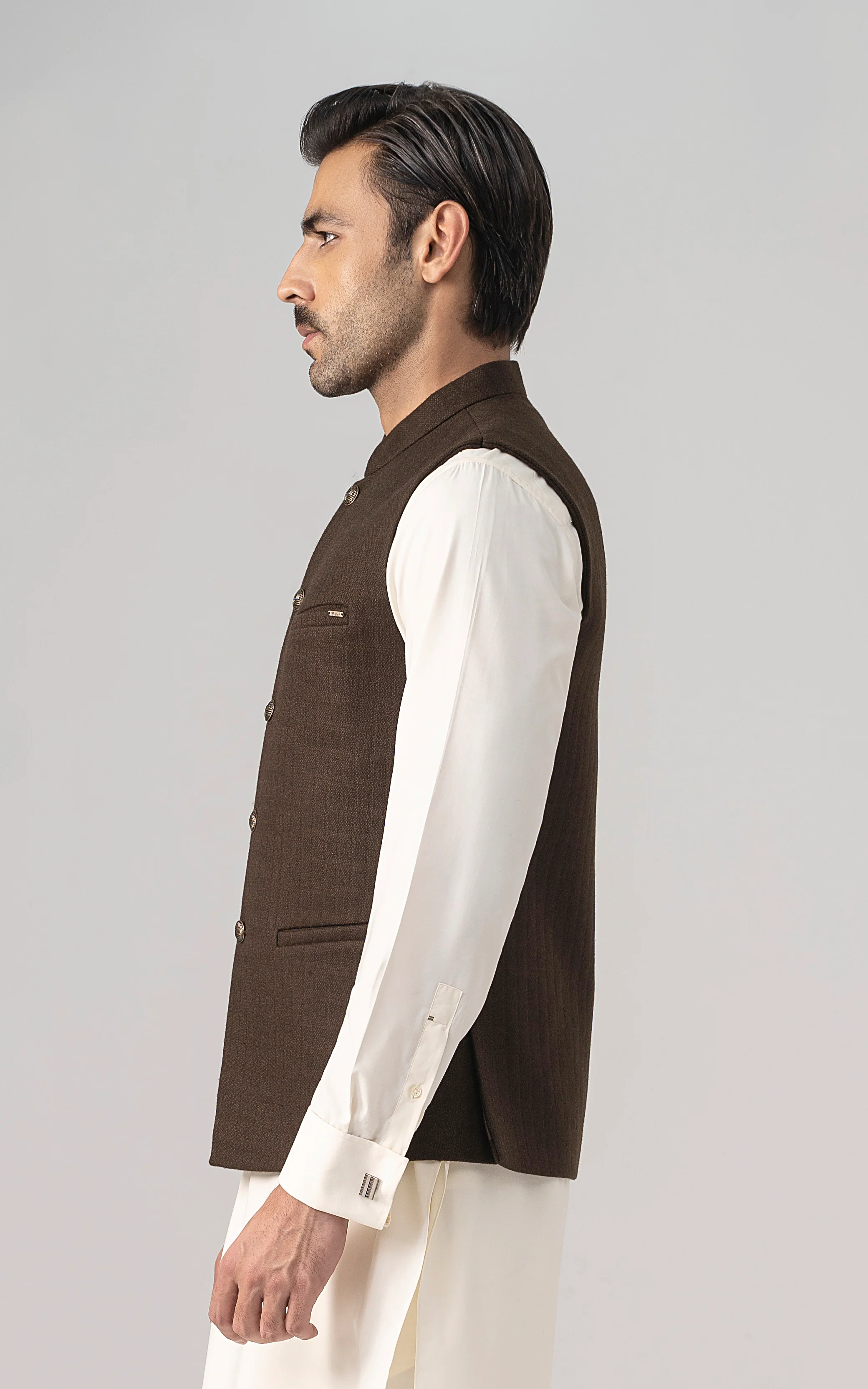 TEXTURED WOOL BLENDED WAISTCOAT - SIGNATURE COLLECTION MID BROWN - Image 5