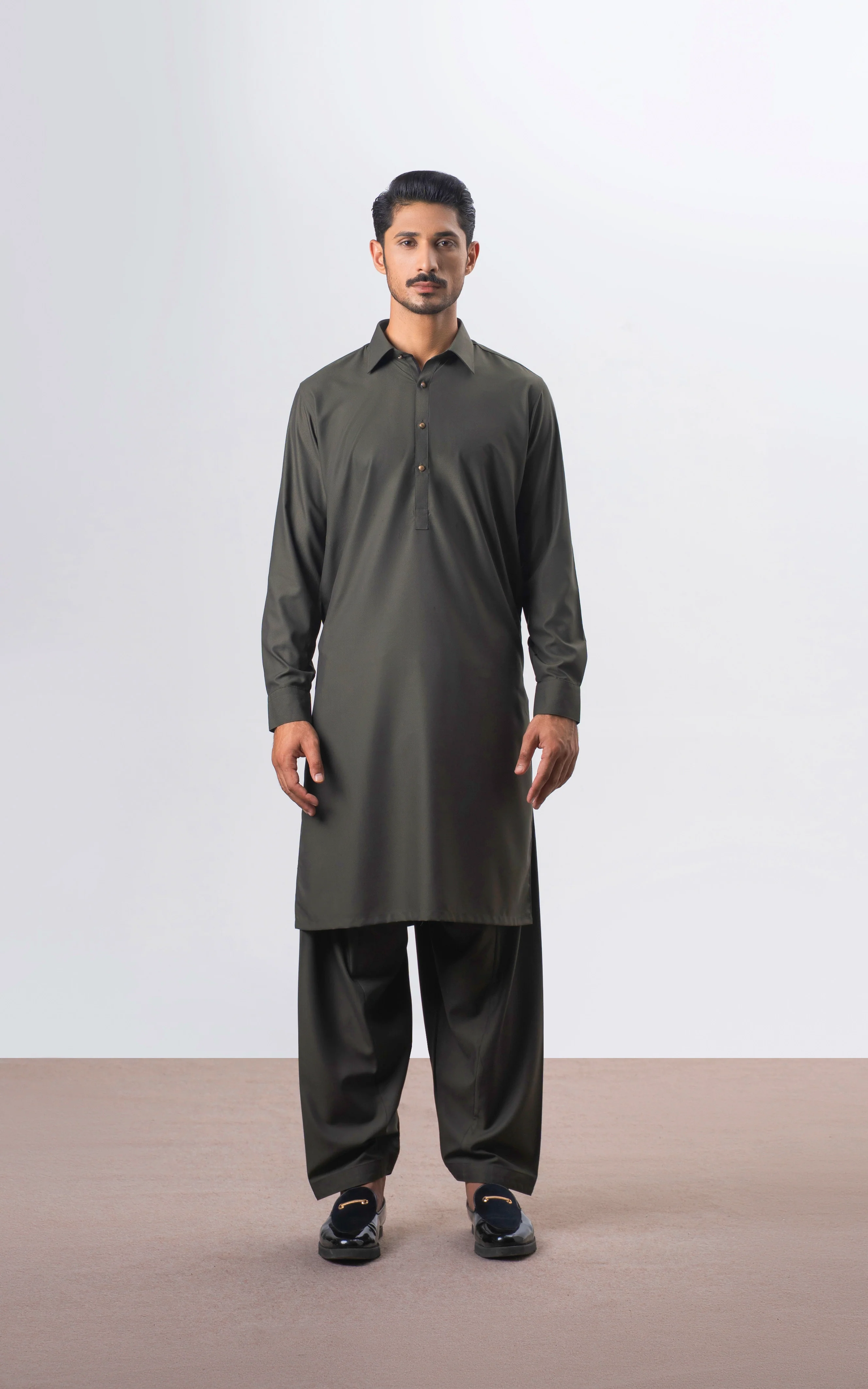 TWILL BLENDED KAMEEZ SHALWAR | SIGNATURE COLLECTION OLIVE - Image 3