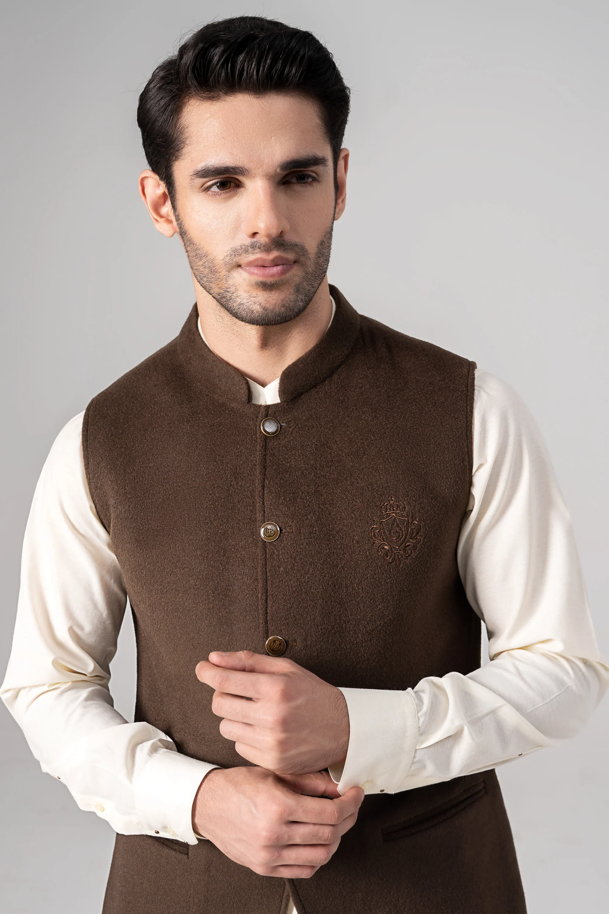 Embroidered Blended Woolen Waistcoat - SIGNATURE COLLECTION DARK BROWN - Image 2