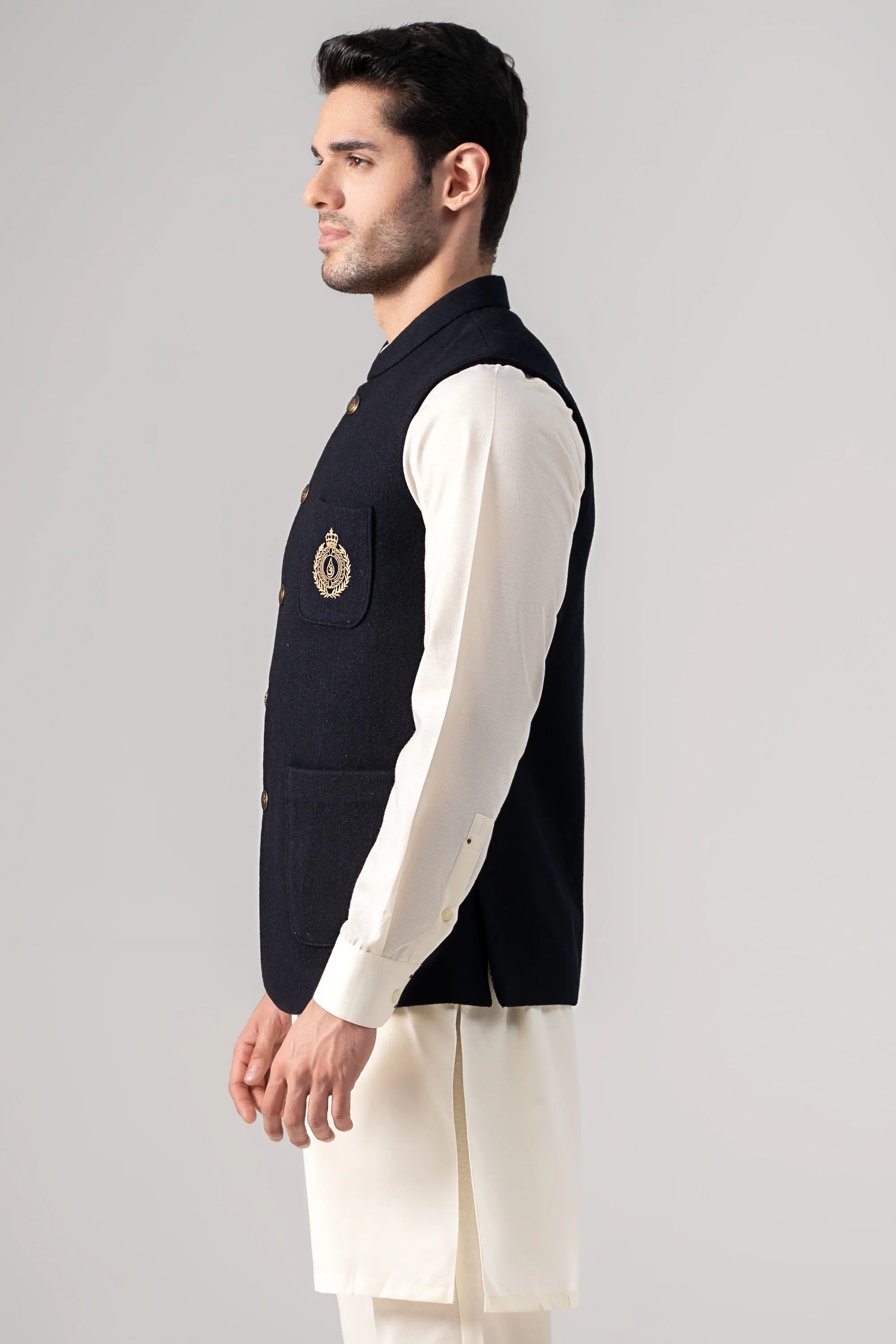 Embroidered Blended Woolen Waistcoat Dark Navy - Image 3