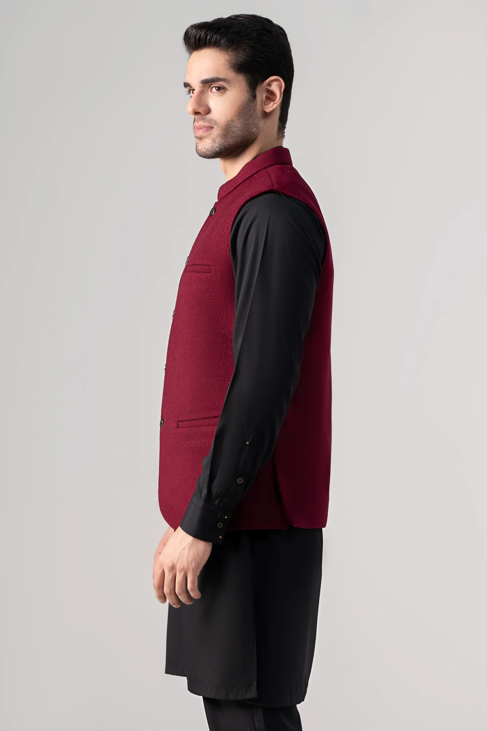 Blended Woolen Waistcoat - PREMIUM COLLECTION MAROON - Image 3