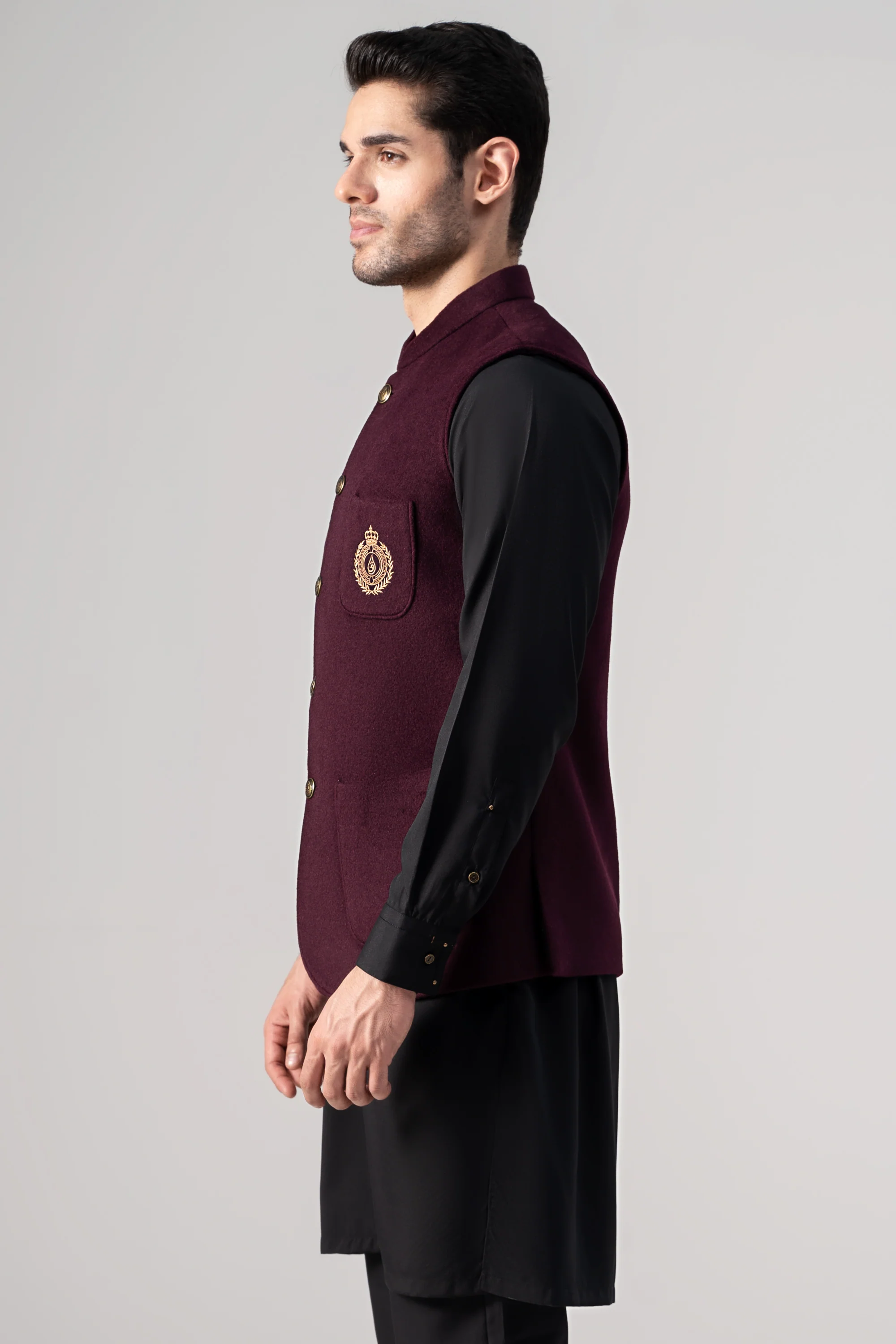 Embroidered Blended Woolen Waistcoat plum - Image 2