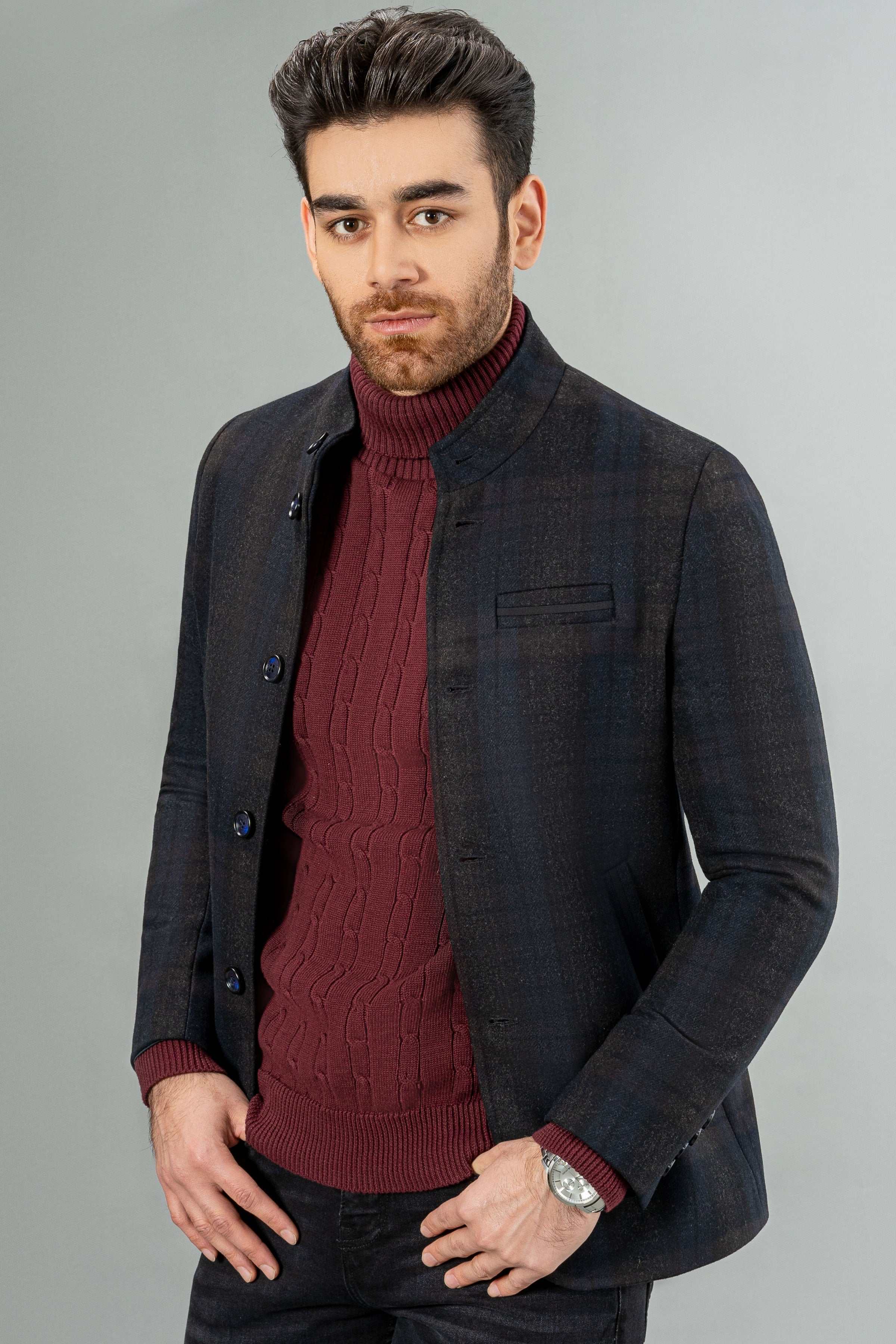 WOOLEN CASUAL COAT NAVY BLACK - Image 2