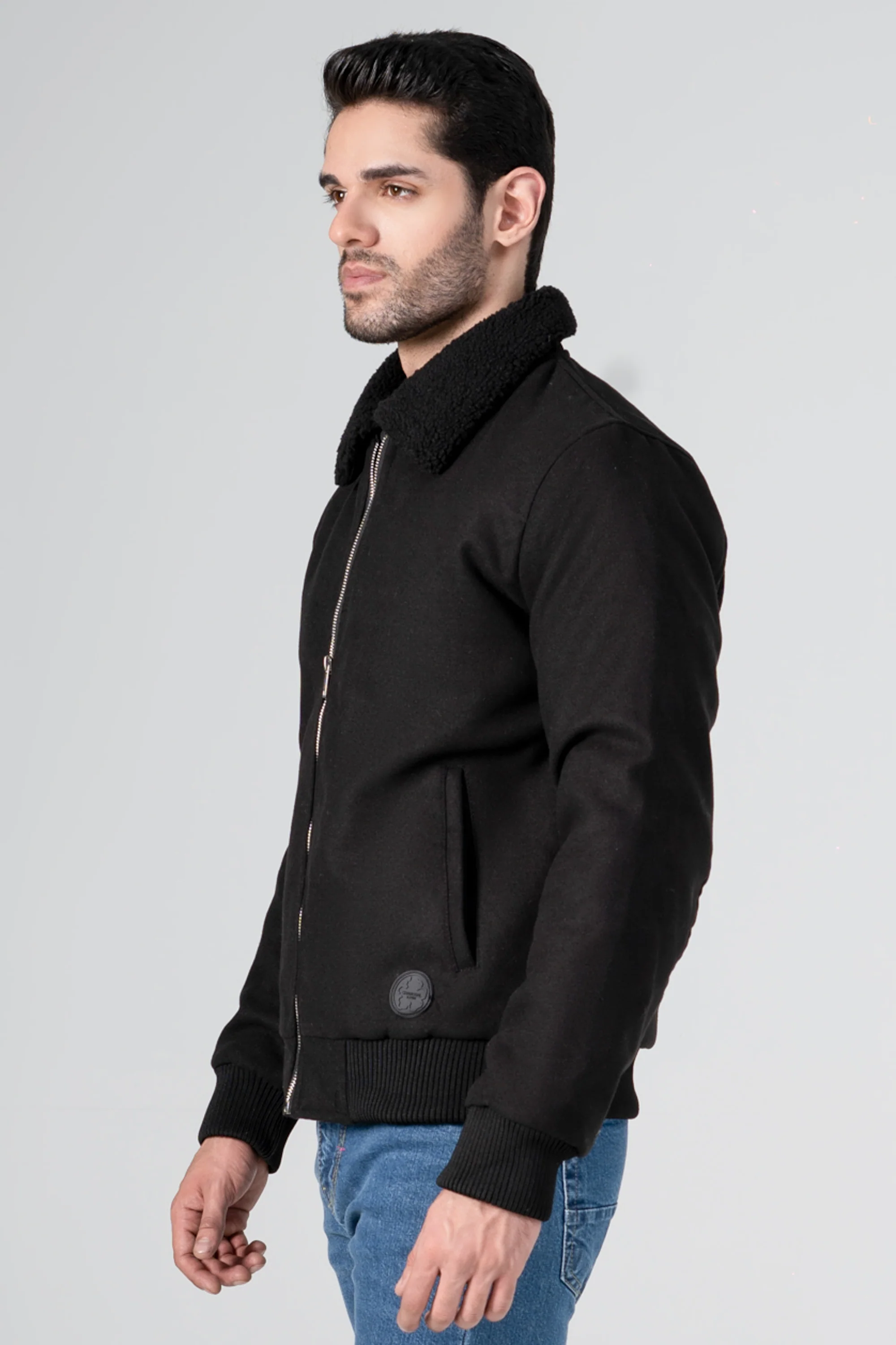 WOOLEN DETACHABLE FUR COLLAR JACKET BLACK - Image 3