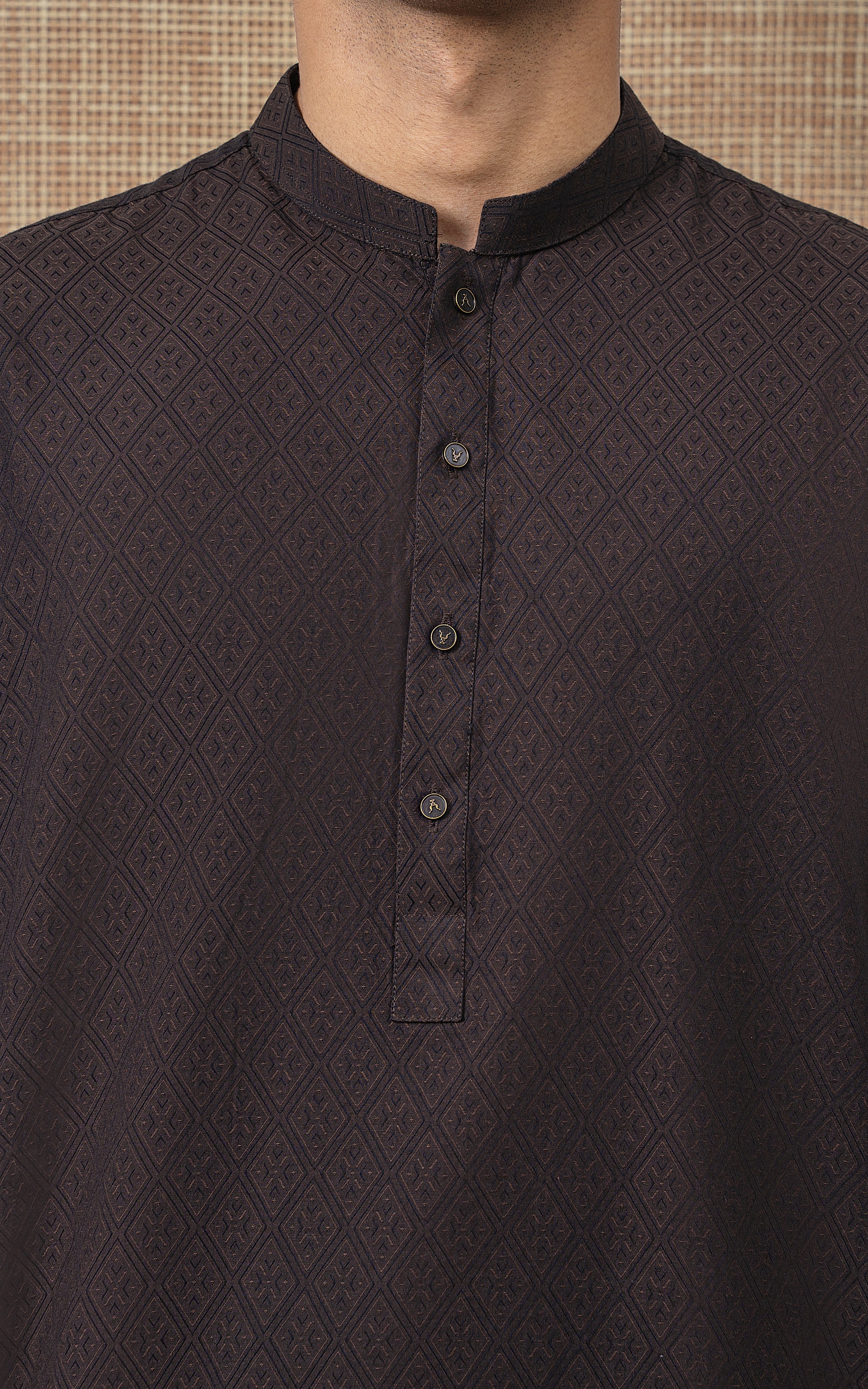 YARN DYED JACQUARD KURTA PAJAMA - SIGNATURE COLLECTION DARK BROWN - Image 2