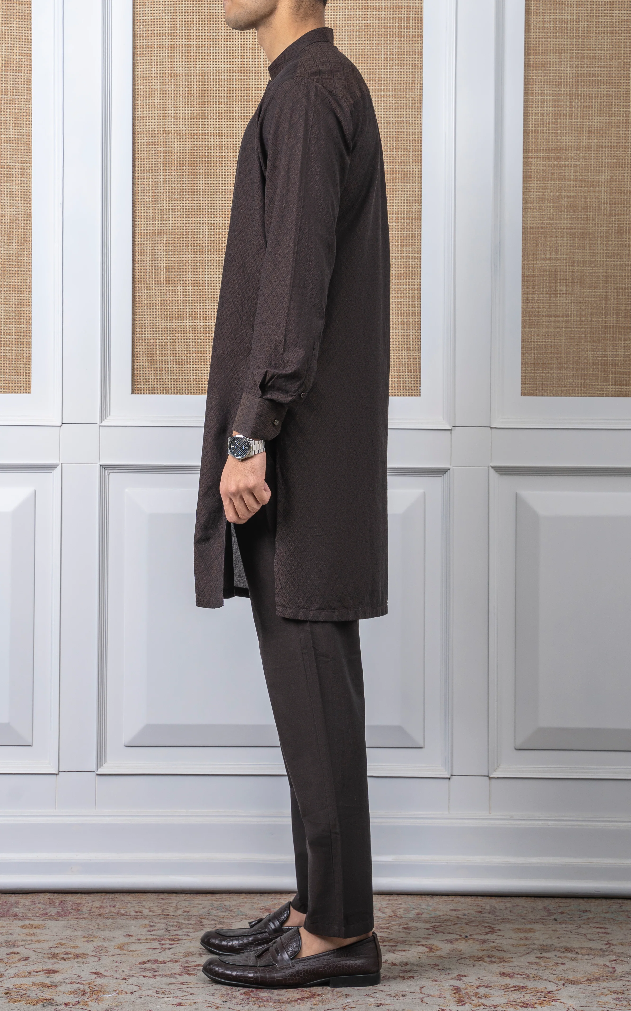 YARN DYED JACQUARD KURTA PAJAMA - SIGNATURE COLLECTION DARK BROWN - Image 4