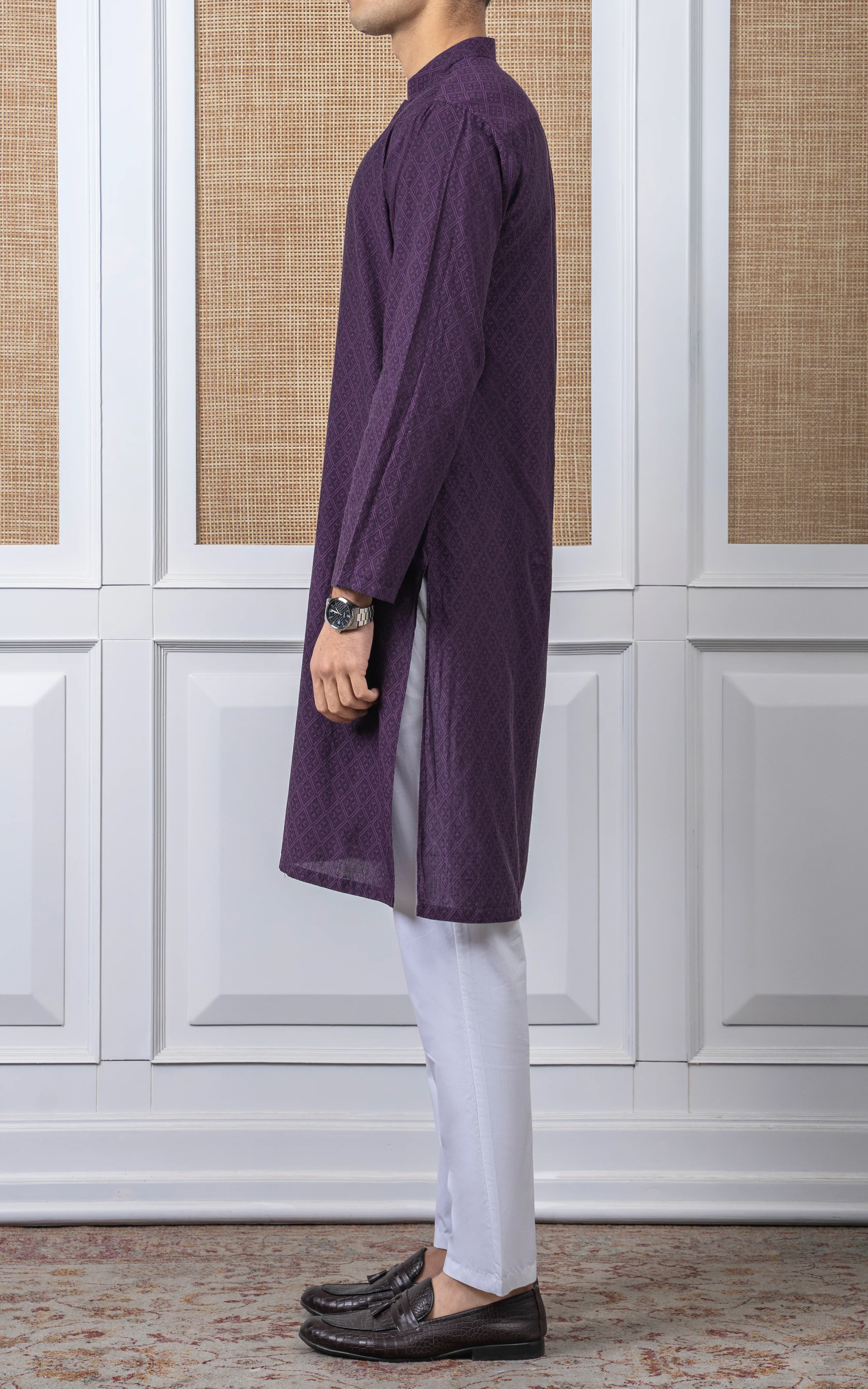 YARN DYED JACQUARD KURTA - PREMIUM COLLECTION MAGENTA - Image 5
